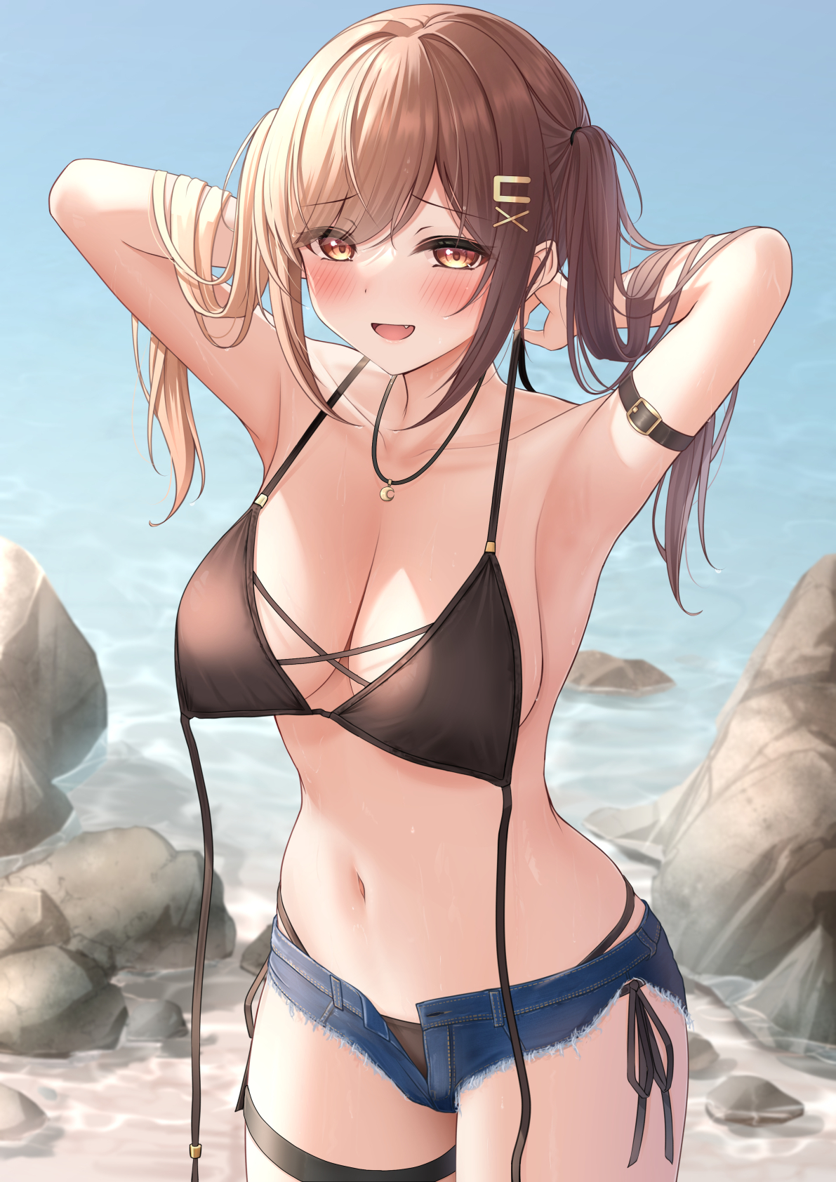 amber eyes, arm strap, arms behind head, arms up, beach, bikini, bikini under clothes, black bikini, blush, breasts, brown eyes, brown hair, commentary request, cowboy shot, denim, denim shorts, female, hair ornament, hairclip, highres, holding, holding clothes, holding swimsuit, imouto-chan (monaka curl), jewelry, large breasts, looking at viewer, micro shorts, midriff, monaka curl, navel, oerba yun fang, open fly, open mouth, original, pendant, raised eyebrows, rock, shorts, side-tie bikini, solo, stomach, swimsuit, thigh strap, untied, untied bikini, water, x hair ornament