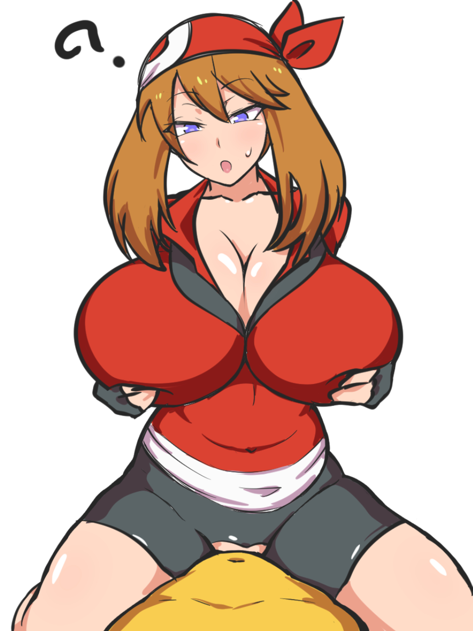 alternate breast size, bandana, blue eyes, breasts, brown hair, cleavage, clothed female nude male, clothed sex, cowgirl position, dd (artist), female, femsub, feral pov, groping self, hat, hypno, hypnosis, large breasts, male, maledom, may (pokemon), mind control, nintendo, open mouth, pokemon, pokemon (species), pokephilia, pov, pussy, self fondle, sex, short hair, shorts, sweat, torn clothes, unaware, vaginal penetration