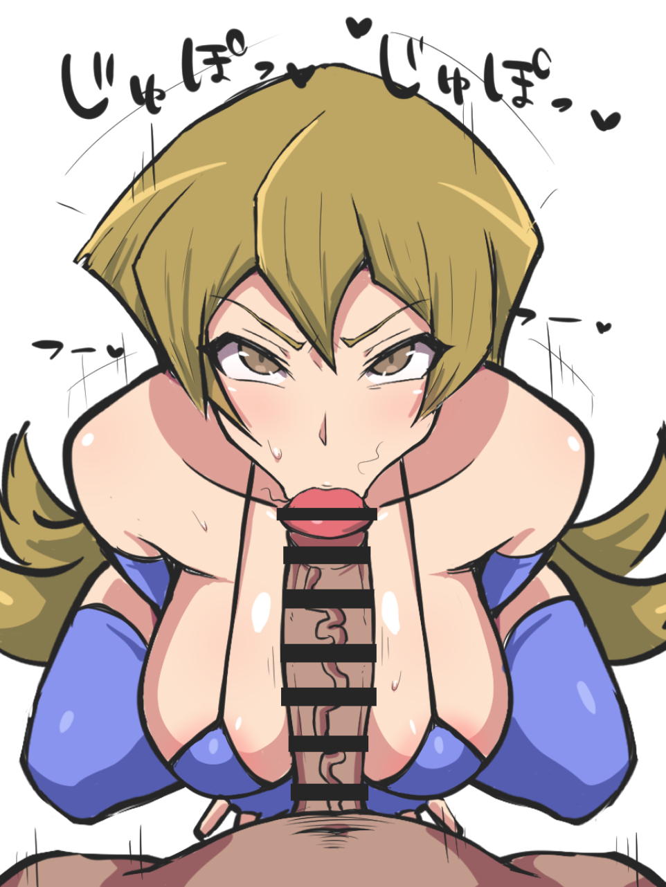 :>=, 1boy, 1girls, alexis rhodes, angry, bikini, blonde hair, blowjob, breasts, brown eyes, censored, dark-skinned male, dd (artist), fellatio, female, femsub, forced, glaring, gloves, huge cock, large breasts, long hair, male, maledom, opera gloves, oral, penis, pov, pubic hair, squatting, stray pubic hair, swimsuit, tenjouin asuka, thighhighs, yu-gi-oh!, yu-gi-oh! gx