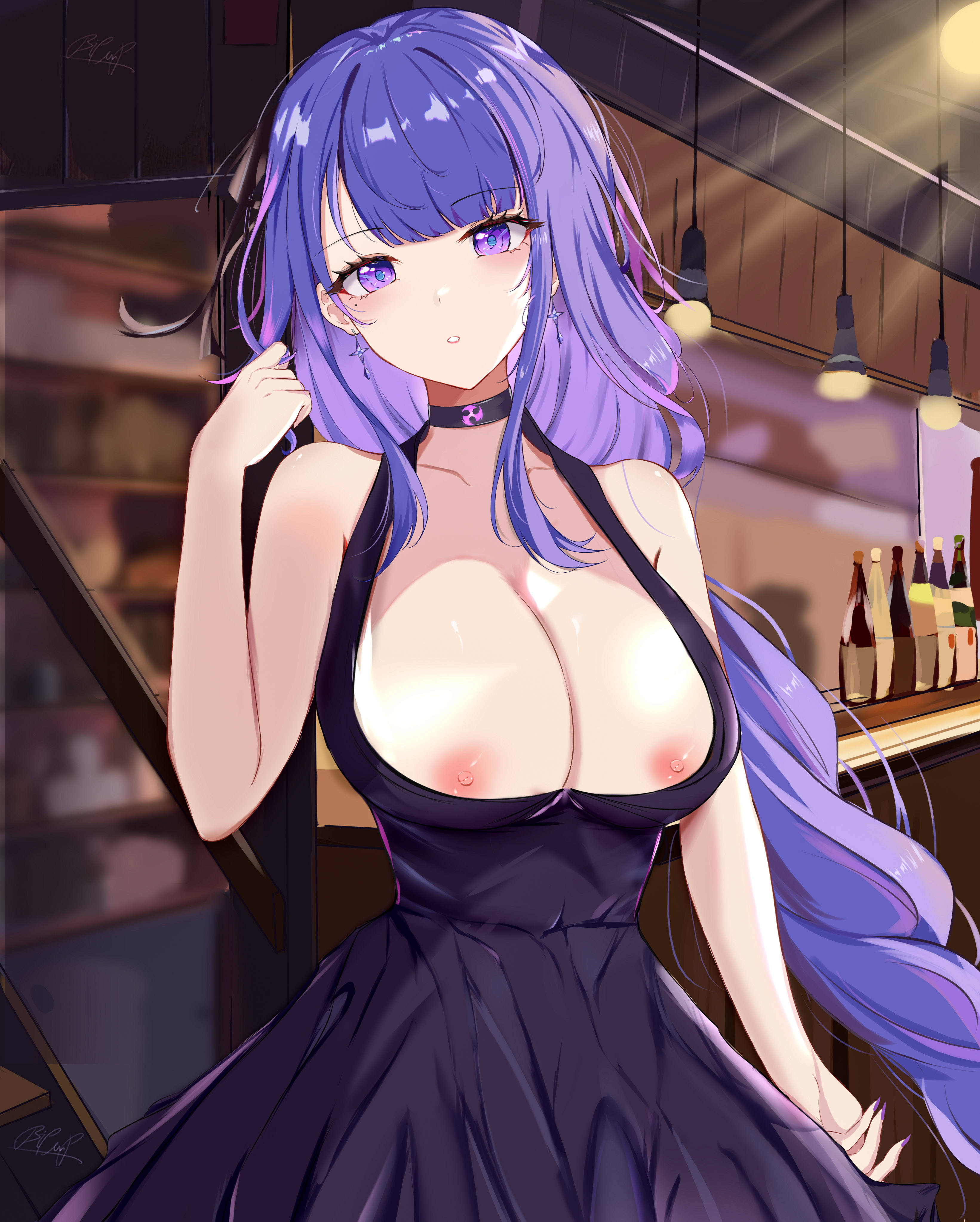 1girls, bipup, bipup-hola, black dress, breasts, breasts out, choker, dress, earrings, exposed breasts, female, genshin impact, large breasts, looking at viewer, milf, mole, mole under eye, nipple slip, nipples, no bra, purple eyes, purple hair, raiden shogun