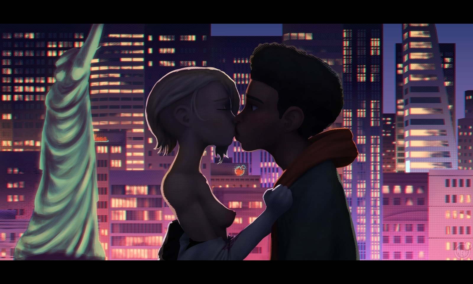 1boy, 1girls, breasts, city, clothes pull, female, gwen stacy, interracial, kissing, male, marvel, marvel comics, menepotion, miles morales, nipples, petite, shaved side, small breasts, spider-man (series), spider-man: into the spider-verse