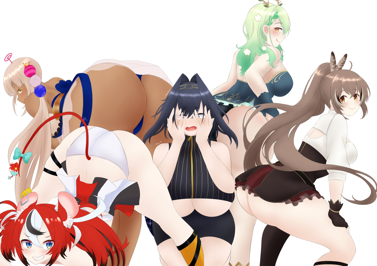 5girls, ass, ass shake, ass up, big ass, big breasts, breasts, ceres fauna, covering face, dark skin, dark-skinned female, embarrassed, fan mascot (vtuber), female, female only, hakos baelz, hakos baelz (1st costume), hololive, hololive english, hololive english -council-, hololive english -promise-, huge ass, huge breasts, jack-o pose, light skin, light-skinned female, looking back, mhaknow, mr. squeaks (hakos baelz), nanashi mumei, ouro kronii, panties, smile, smug, surrounded by ass, tsukumo sana, twerking, underboob, virtual youtuber
