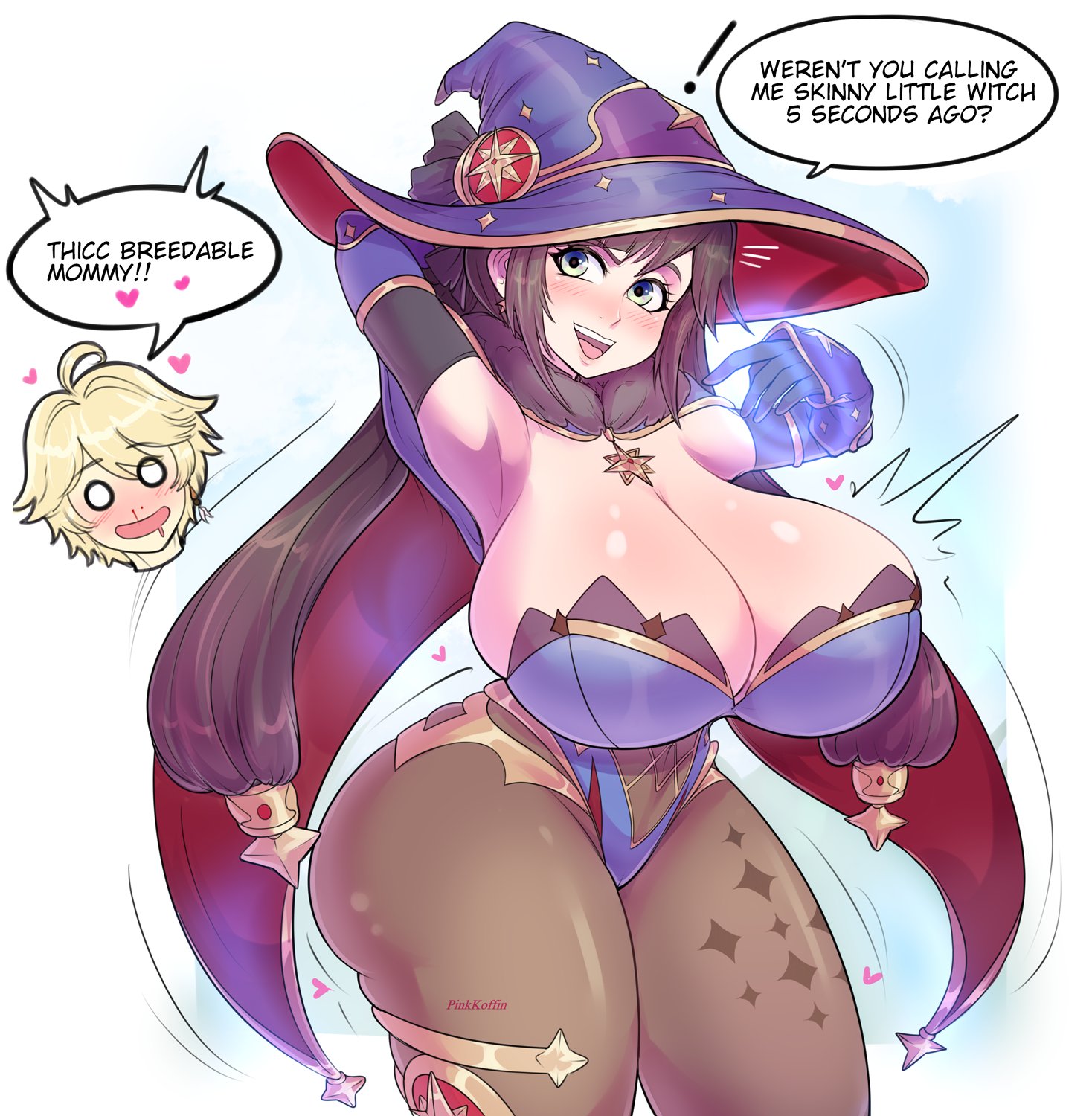 1girls, 2022, aether (genshin impact), alternate body type, alternate breast size, ass, ass expansion, black hair, breast expansion, breast growth, breast growth (enlargement), breasts, cleavage, curvy, dialogue, english text, female, genshin impact, green eyes, hat, highleg leotard, hips, huge ass, huge breasts, large hat, leggings, leotard, long hair, massive breasts, mona (genshin impact), pinkkoffin, slim waist, text, thick thighs, thighs, tights, twintails, wide hips, witch hat