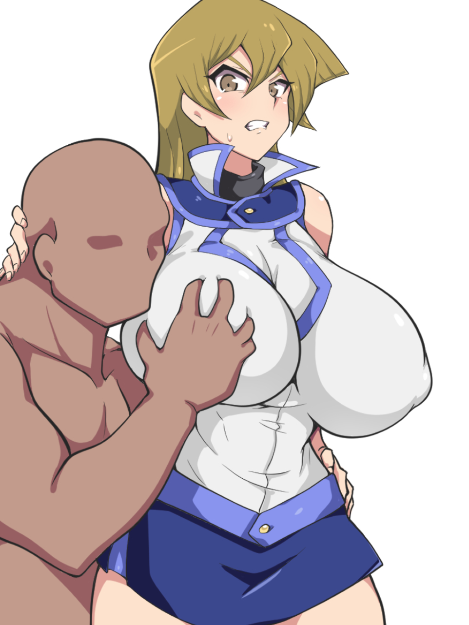 1boy, 1girls, alexis rhodes, angry, bald, blonde hair, breasts, clenched teeth, dark-skinned male, dd (artist), eyeless male, faceless male, female, glaring, groping, groping from behind, large breasts, long hair, male, nipples, nipples visible through clothing, short skirt, skirt, sweat, tenjouin asuka, yellow eyes, yu-gi-oh!, yu-gi-oh! gx