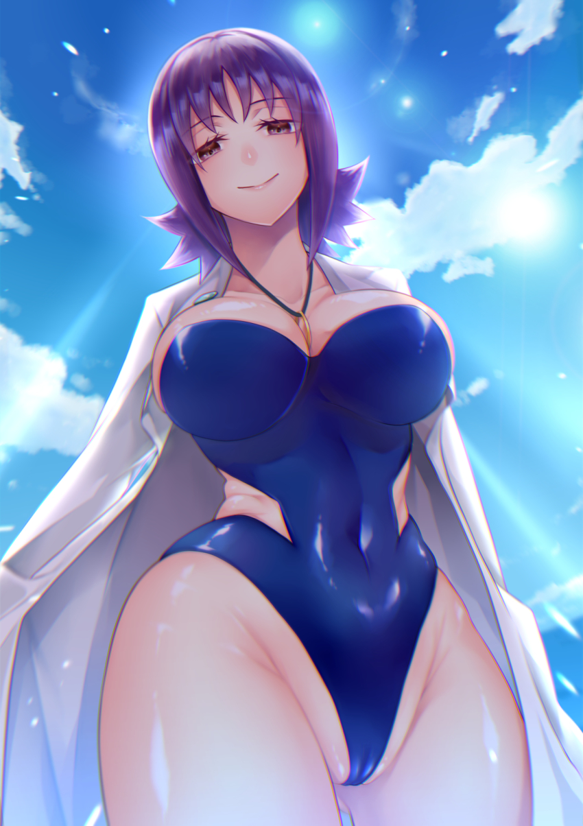 1girls 2020 alternate_breast_size bikini blue_bikini blue_swimsuit blue_swimwear breasts brown_eyes chikage_(blackclownery) curvaceous female human labcoat large_breasts looking_at_viewer looking_down looking_down_at_viewer nintendo pale-skinned_female pale_skin philena_ivy pokemon pokemon_professor pokemon_rgby purple_eyes purple_hair short_hair smile smiling smiling_at_viewer staring_at_viewer swimsuit swimwear thick_thighs wide_hips