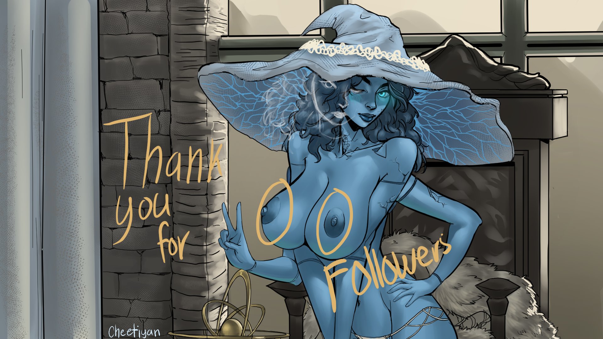 1girls, 2022, 2d, 2d (artwork), 4 arms, blue body, blue eyes, blue hair, blue nipples, blue skin, cheetiyan, elden ring, female, female only, fromsoftware, milestone celebration, multi arm, multi limb, nude, ranni the witch, topless, witch hat