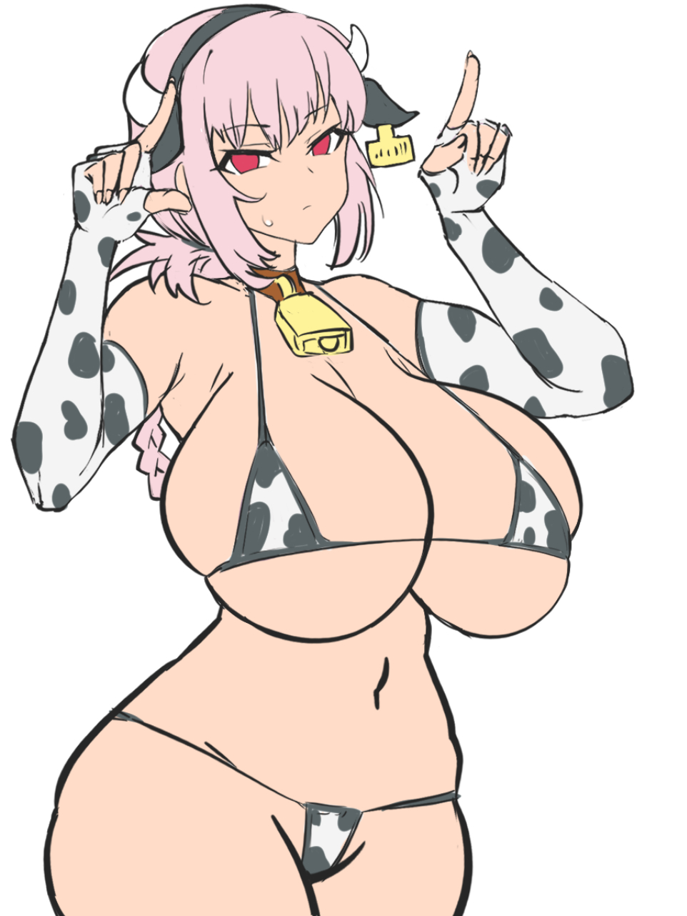bikini, braid, braided ponytail, breasts, collar, cow ears, cow print, cow print bikini, cow print gloves, cow print thighhighs, cowbell, dd (artist), emotionless, fake animal ears, fake horns, fate (series), fate/grand order, female, florence nightingale (fate), horns gesture, hucow, huge breasts, long hair, looking at viewer, micro bikini, pink hair, ponytail, red eyes, sketch, swimsuit, thick thighs, thighs, wide hips