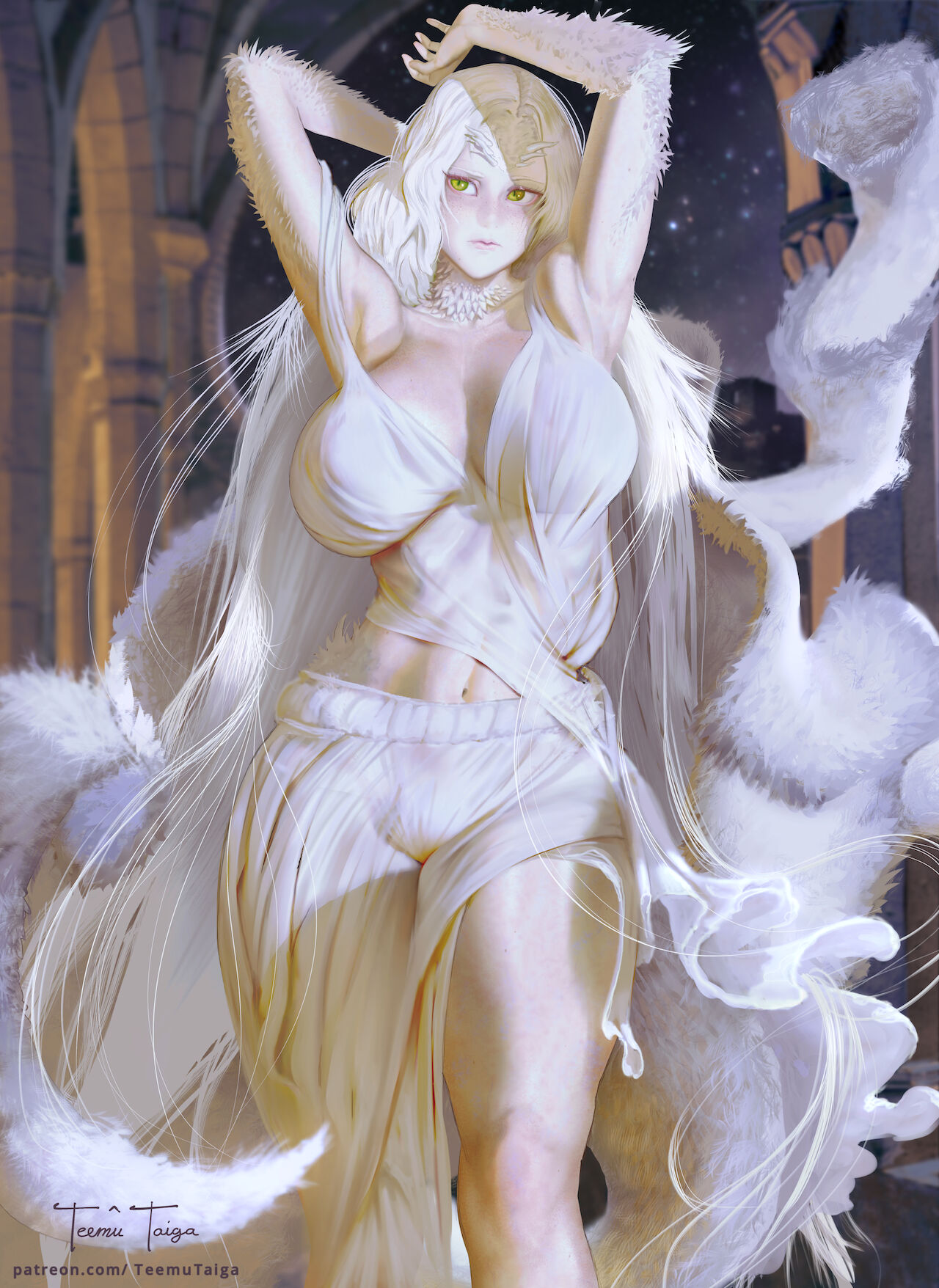 alternate version available, armpits, arms up, big breasts, breasts, cape, crossbreed priscilla, dark souls, dragon girl, dragon tail, female, female only, fromsoftware, fur, fur cape, furry tail, green eyes, horns, huge breasts, light skin, light-skinned female, long hair, pale skin, pale-skinned female, revealing clothes, solo, teemu taiga, thick thighs, very long hair, white hair, white skin, wide hips