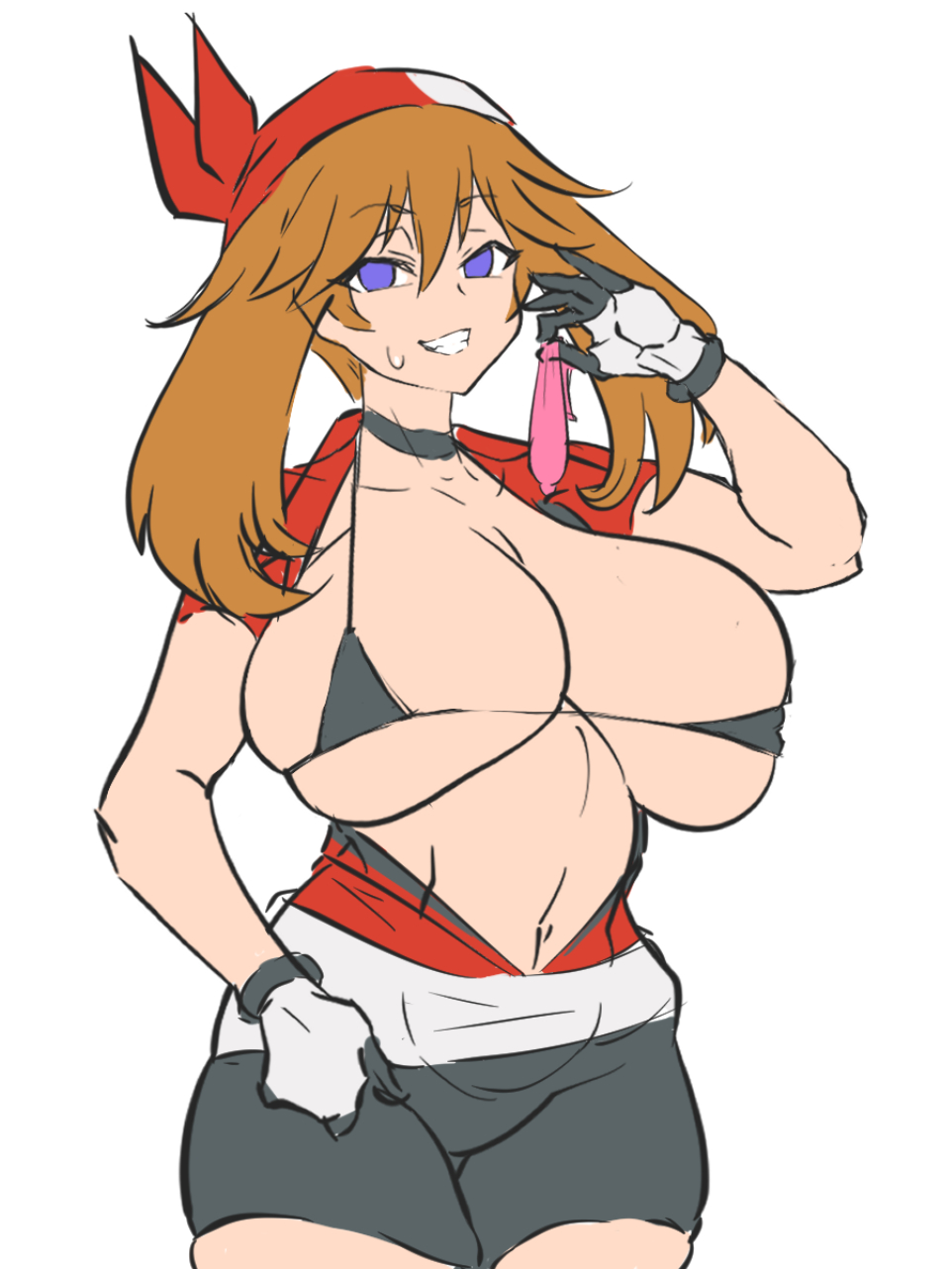 alternate breast size, bandana, bikini, blue eyes, breasts, brown hair, choker, condom, cum, dd (artist), female, gloves, hat, huge breasts, looking at viewer, may (pokemon), micro bikini, nintendo, open shirt, pokemon, short hair, shorts, sketch, smile, sweat, swimsuit, thick thighs, thighs, used condom