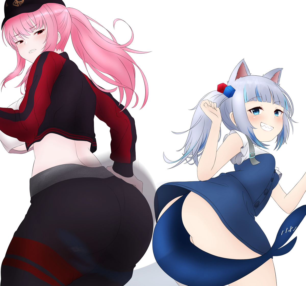 2girls, ass, ass shake, big ass, big breasts, breasts, clothing, female, female only, gawr gura, gawr gura (casual), hololive, hololive english, hololive myth, huge ass, huge breasts, looking at viewer, looking back, mhaknow, midriff, mori calliope, motion blur, no panties, overall skirt, overalls, simple background, smile, twerking, underboob, virtual youtuber