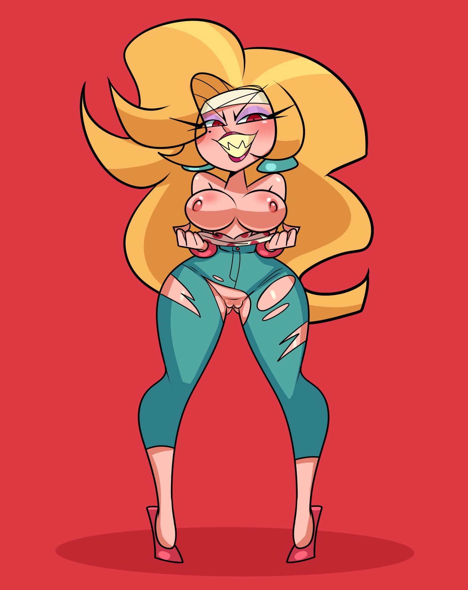 1girls, big breasts, blonde hair, breasts, evil smile, exposed breasts, exposed pussy, female, helluva boss, human, littlewitchnsfw, long hair, looking at viewer, martha (helluva boss), mature female, milf, mother, nipples, no bra, no panties, pussy, red eyes, ripped clothing, thick thighs, vivienne medrano