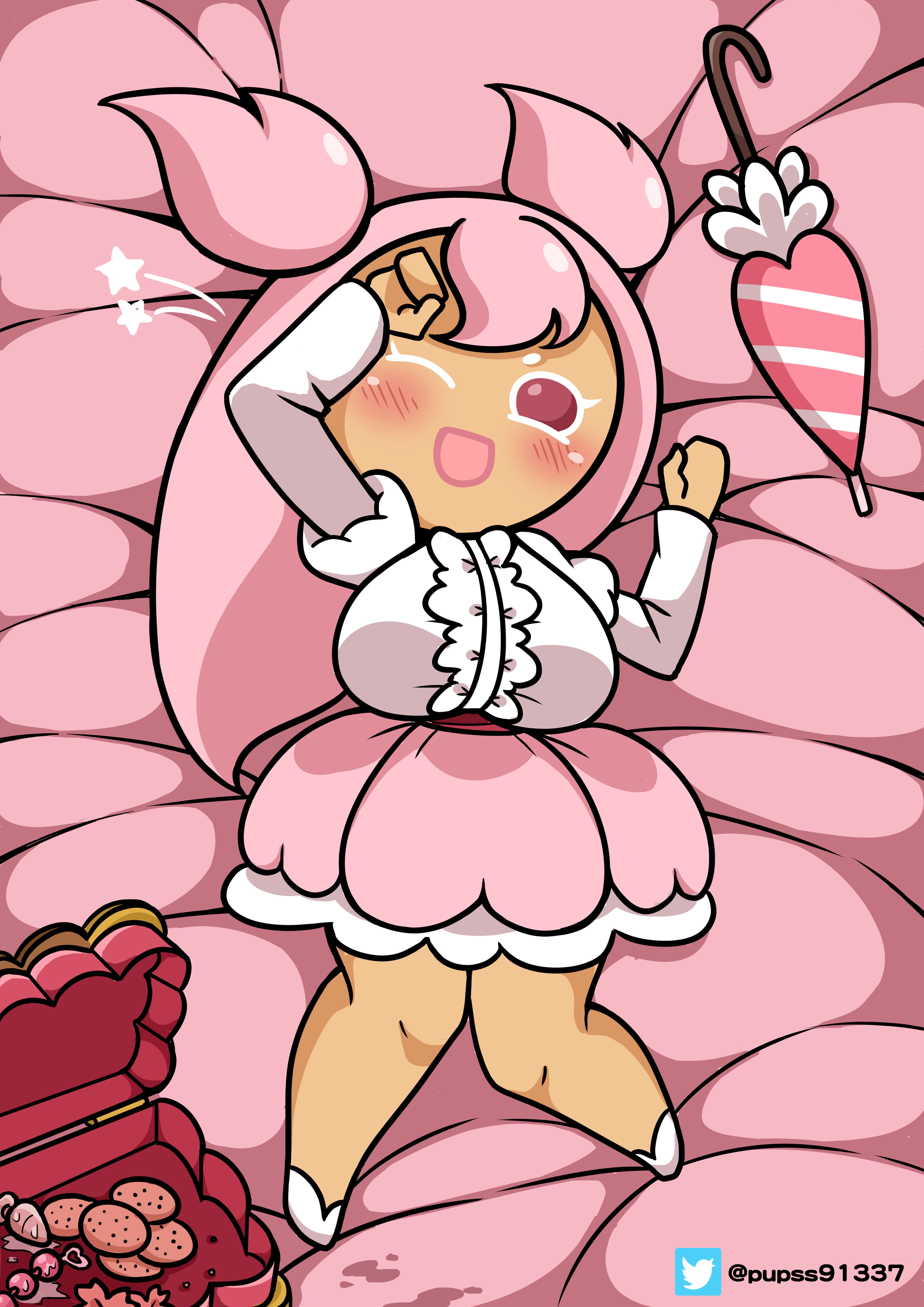 1girls, absurd res, anal beads, anal plug, bed, big breasts, blush, body pillow design, breasts, buttplug, cherry blossom cookie, clothed, cookie, cookie run, cookie run kingdom, cookie run ovenbreak, dress, female, female only, flag (artist), imminent sex, on back, on bed, one eye closed, parasol, pink eyes, pink hair, posing, seductive, sex toy, smile, socks, solo, wink