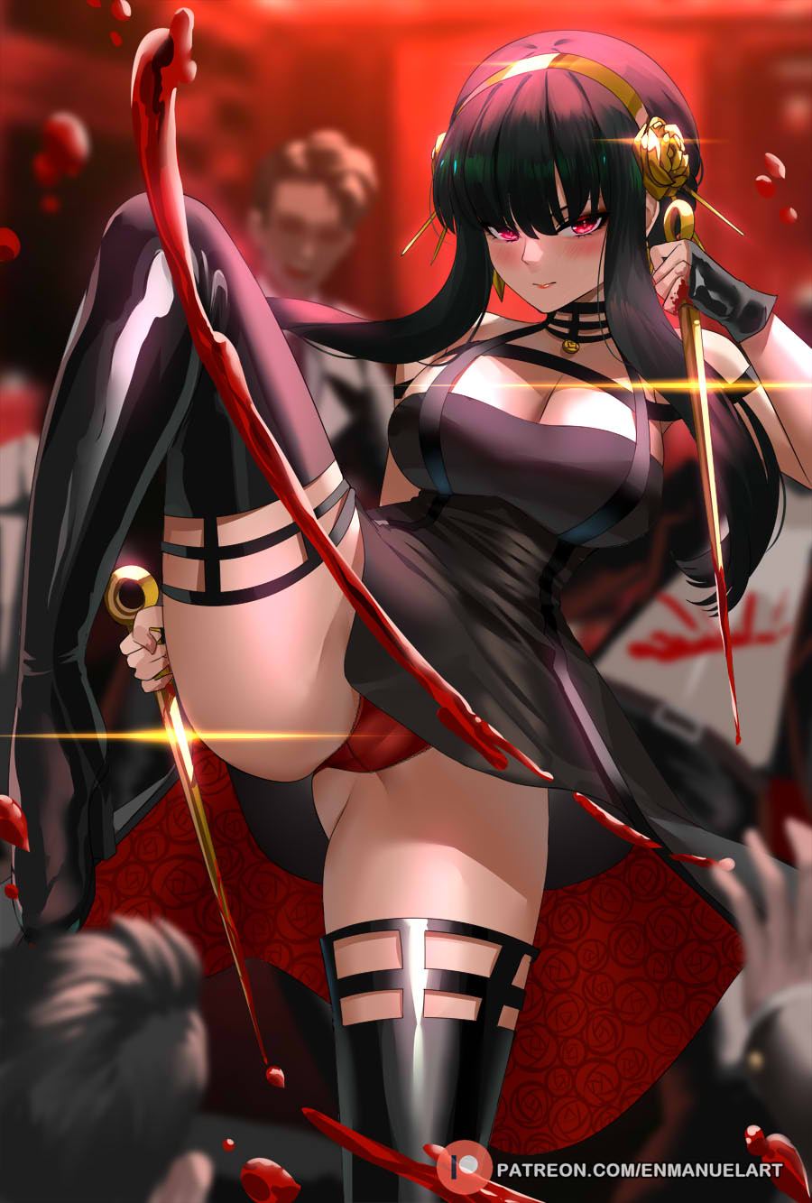 1girls, assassin, big breasts, black hair, blood, blush, breasts, cameltoe, enmanuelart20, eye contact, female, legwear, looking at viewer, panties, pussy, red eyes, solo, spy x family, stiletto (weapon), thick thighs, thighhighs, thighs, thorn princess, yor briar