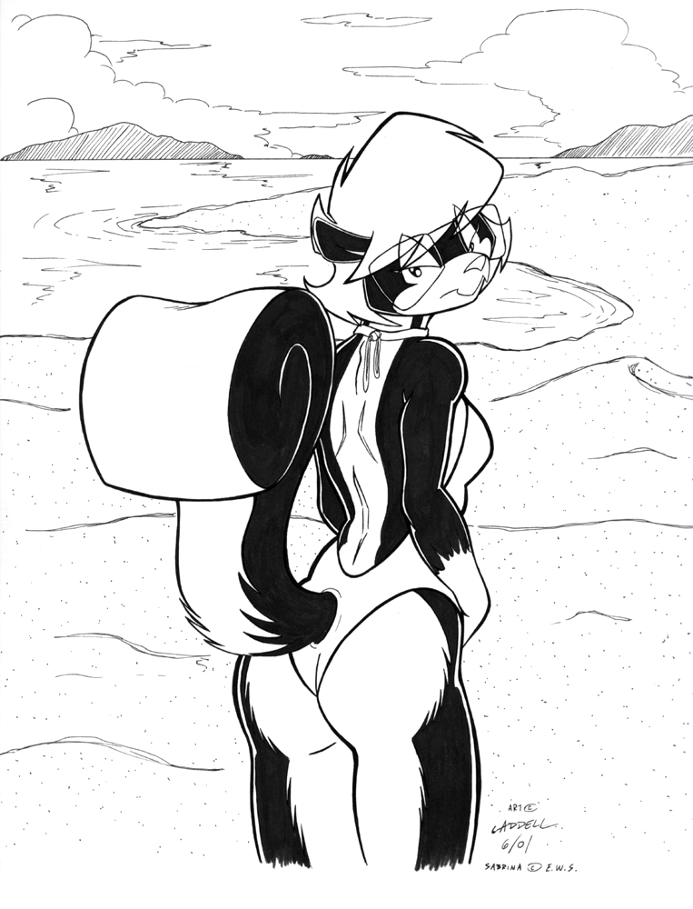 anthro ass breasts clothed clothing eyewear female glasses hair looking_at_viewer looking_back mammal mephitid michael_caddell monochrome one-piece_swimsuit open-back_swimsuit raised_tail sabrina_(sabrina_online) sabrina_conrad sabrina_online short_hair skunk solo swimwear webcomic