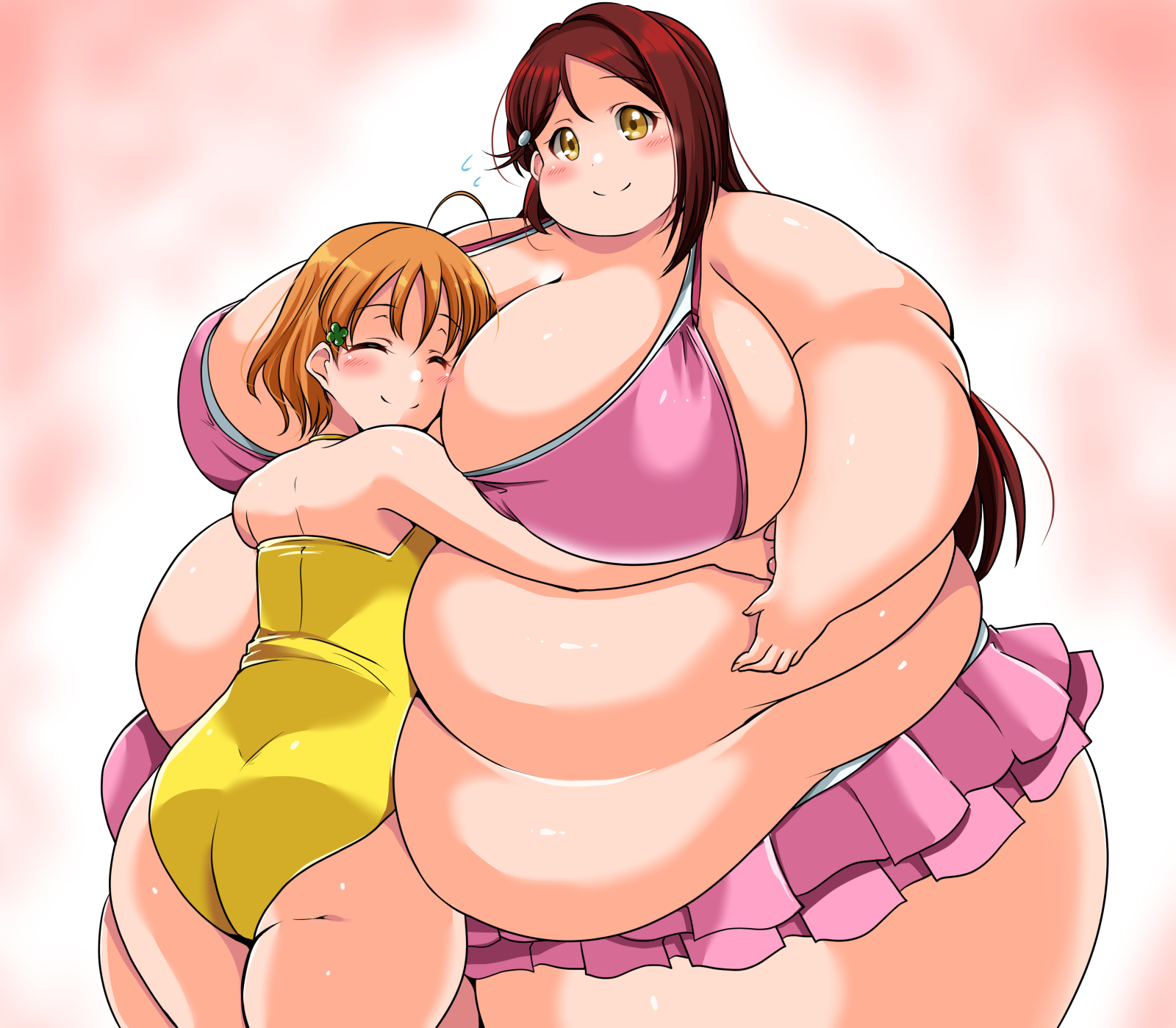 2020, 2girls, bbw, belly, bikini, breasts, brown hair, closed eyes, cute, duo, duo focus, female, female focus, female only, hips, hug, huge belly, huge breasts, hugging, kurocaze, larger female, long hair, love live!, love live! sunshine!!, obese, obese female, orange hair, overweight, overweight female, sakurauchi riko, short hair, size difference, smaller female, swimsuit, takami chika, thick thighs, thighs, voluptuous, wholesome, wide hips, yellow eyes