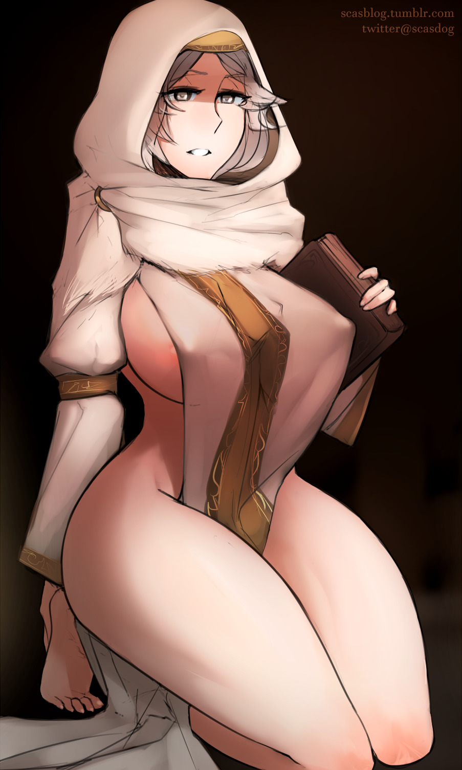 areola_slip barefoot big_breasts black_background capelet cloak cowl dark_souls dark_souls_3 female female_only fromsoftware full_body grey_eyes grey_hair hood irina_of_carim kneeling long_sleeves nipple_bulge no_bra no_panties pelvic_curtain scas shawl sideboob solo thick_thighs wide_hips