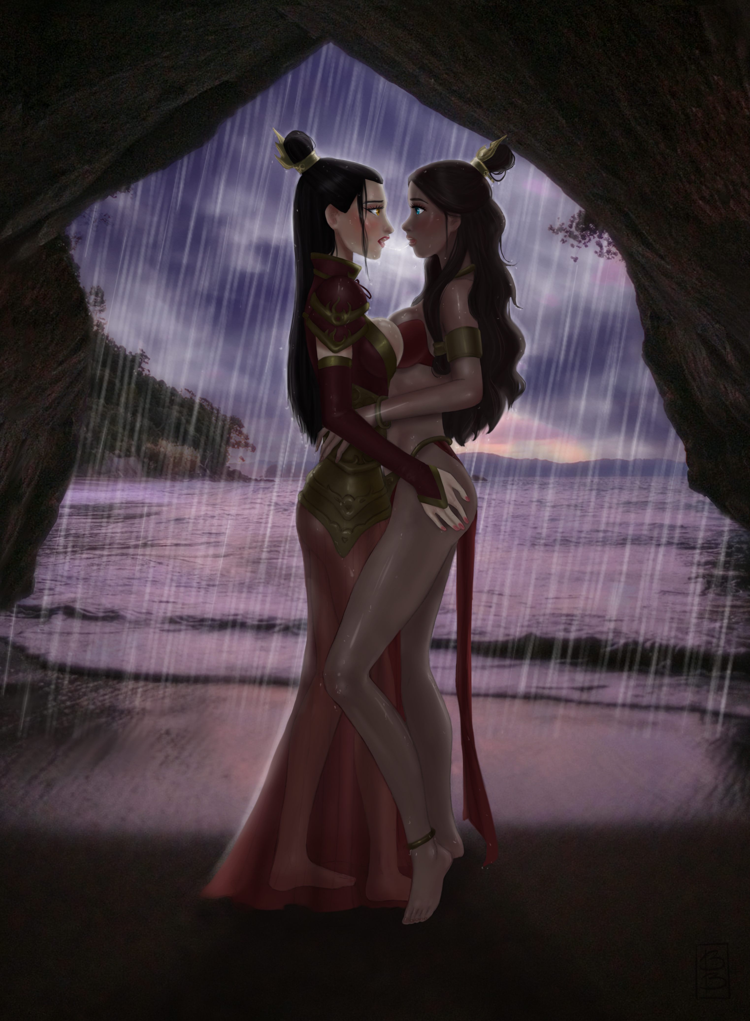 2girls, ass, avatar the last airbender, azula, balandis-meow, barefoot, bikini, breasts, breasts to breasts, calf muscles, cave, clothing, dress, female, female only, hand on ass, imminent kiss, katara, kissing, medium breasts, multiple females, multiple girls, muscles, rain, see-through, see-through clothing, straight hair, swimsuit, wet clothes, yuri