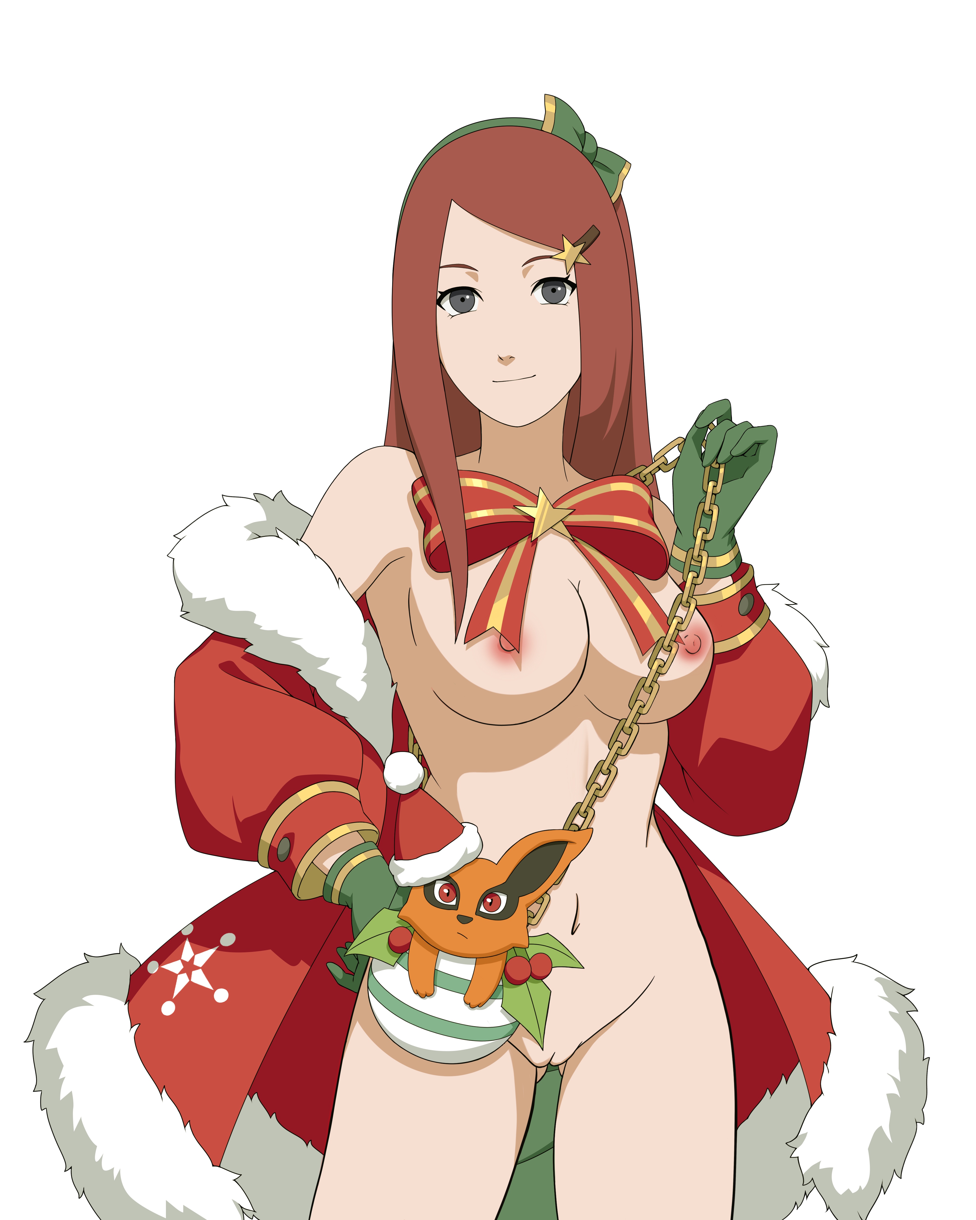 alternate costume, bag, bare legs, bare shoulders, barely clothed, big breasts, breasts, chains, chibi, christmas, cloak, coat, female, female only, functionally nude, fur trim, gloves, innie pussy, kurama, long hair, mature, mature female, milf, mostly nude, naruto, naruto (series), naruto shippuden, nipples, no bra, no panties, no underwear, pussy, red hair, ribbon, solo, solo focus, strap, uzumaki kushina