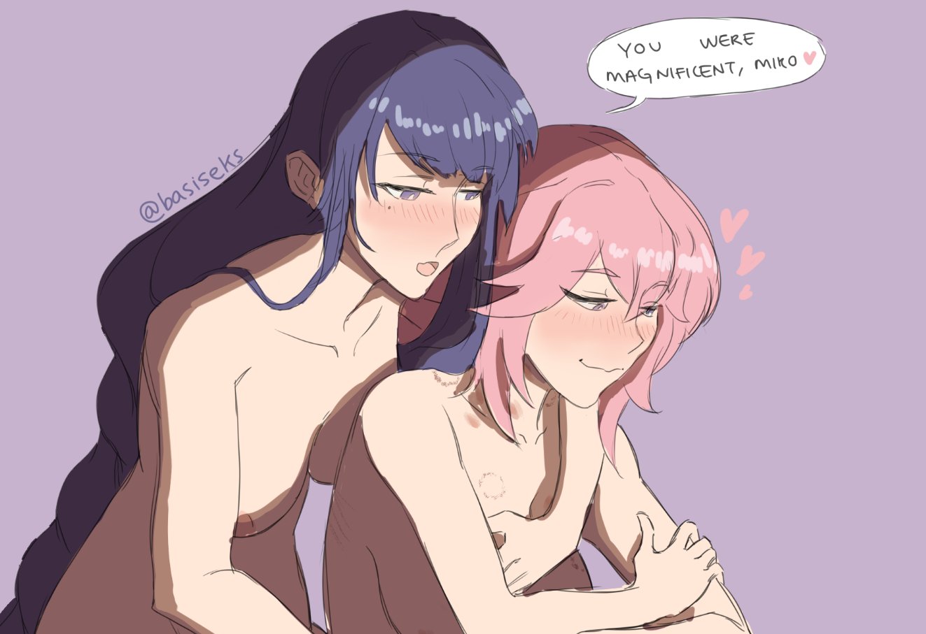 2girls, after sex, aftercare, basiseks, behind, bite, bite mark, bite marks, blush, blush lines, braid, breasts, embarrassed nude female, embrace, english dialogue, female, female only, fox ears, fox girl, genshin impact, hand on breast, hand on chest, happy, hickey, hickey marks, lesbian sex, long hair, mole under eye, naked, nipples, passionate, pink hair, purple hair, raiden shogun, smiling, smiling at another, wholesome, yae miko, yuri