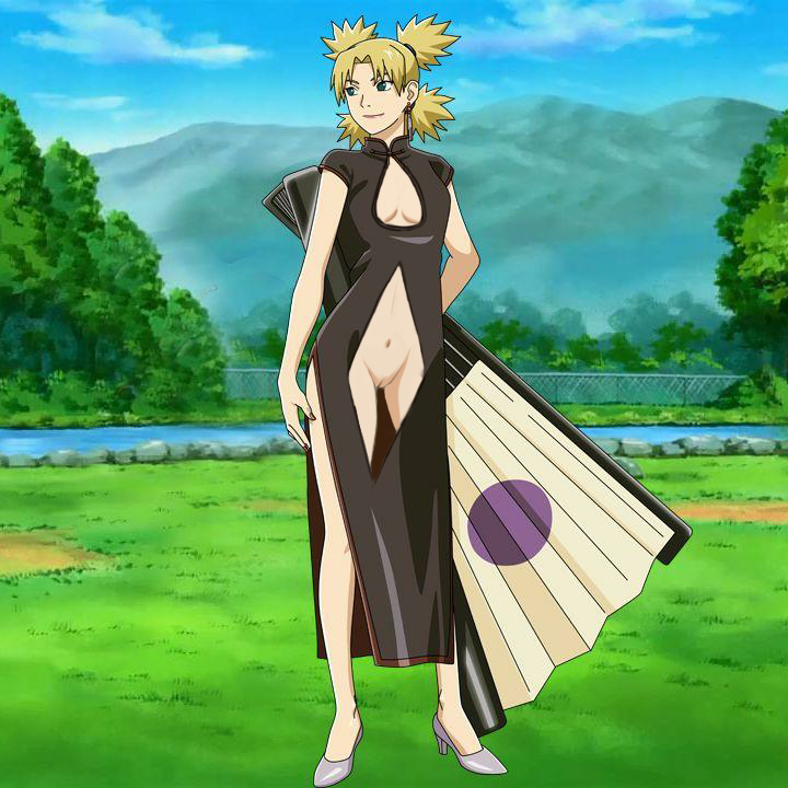 blonde hair, breasts, center opening, china dress, chinese clothes, cleavage, cutout, dress, exposed breasts, exposed pussy, fan, female, female only, full body, green eyes, heels, holding object, holding weapon, innie pussy, naruto, naruto (series), naruto shippuden, no bra, no panties, no underwear, outdoors, pussy, quad tails, revealing clothes, see-through, see-through clothing, small breasts, solo, solo focus, temari, tied hair, weapon