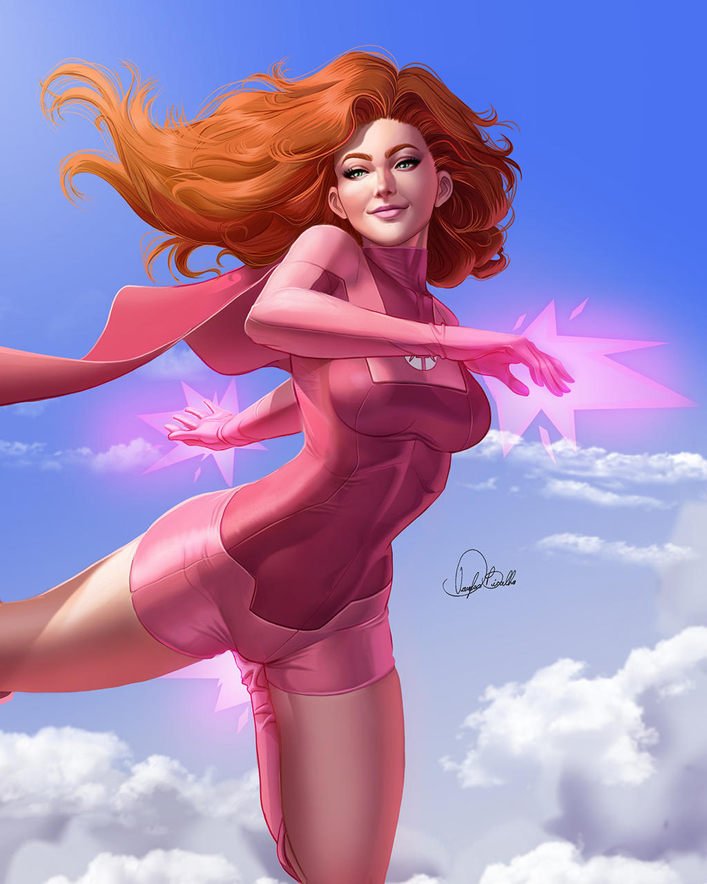 1girls artist_name artist_signature atom_eve cape cloud douglas_bicalho female female_only flying fully_clothed ginger invincible leotard light-skinned_female light_skin orange_hair red_hair sky smile solo solo_female superheroine tight_clothing voluptuous wide_hips