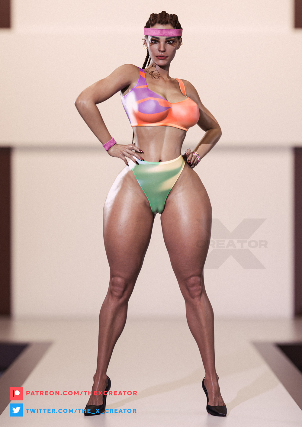 1girls, 3d, apex legends, ass, athletic, braids, breasts, cameltoe, dark skin, dark-skinned female, earrings, facing viewer, fat ass, female, female only, female protagonist, fit, fit female, hands on hips, high heels, human, large breasts, loba (apex legends), posing, pussy, solo, sports bikini, sports bra, sweatband, tattoo, the x creator, thick thighs, tight clothing, wide hips, workout clothes