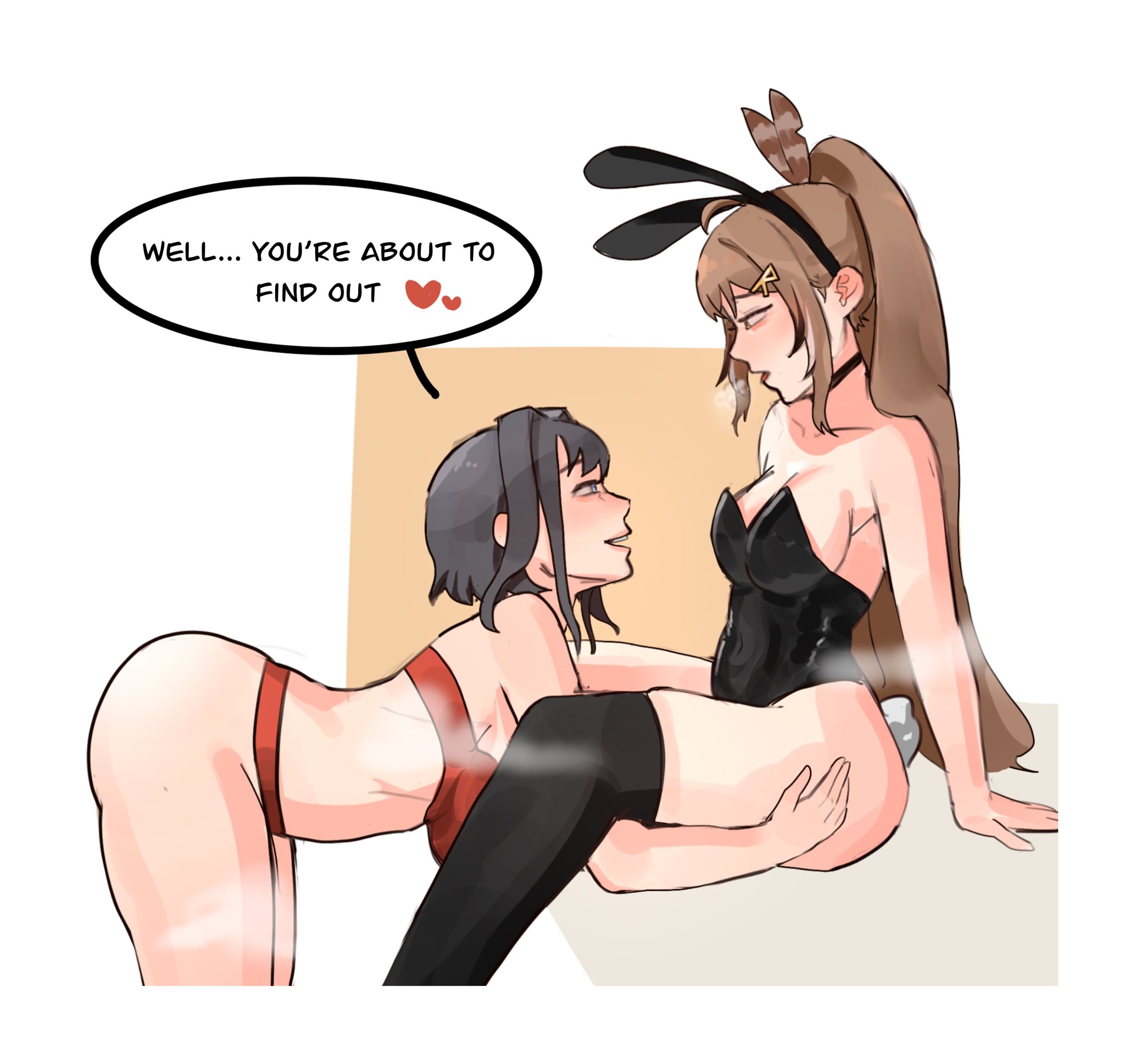 2girls, bunnysuit, female, hololive, hololive english, hololive english -council-, hololive english -promise-, imminent sex, multiple females, multiple girls, nanashi mumei, ouro kronii, tanukidraws, underwear, virtual youtuber, yuri