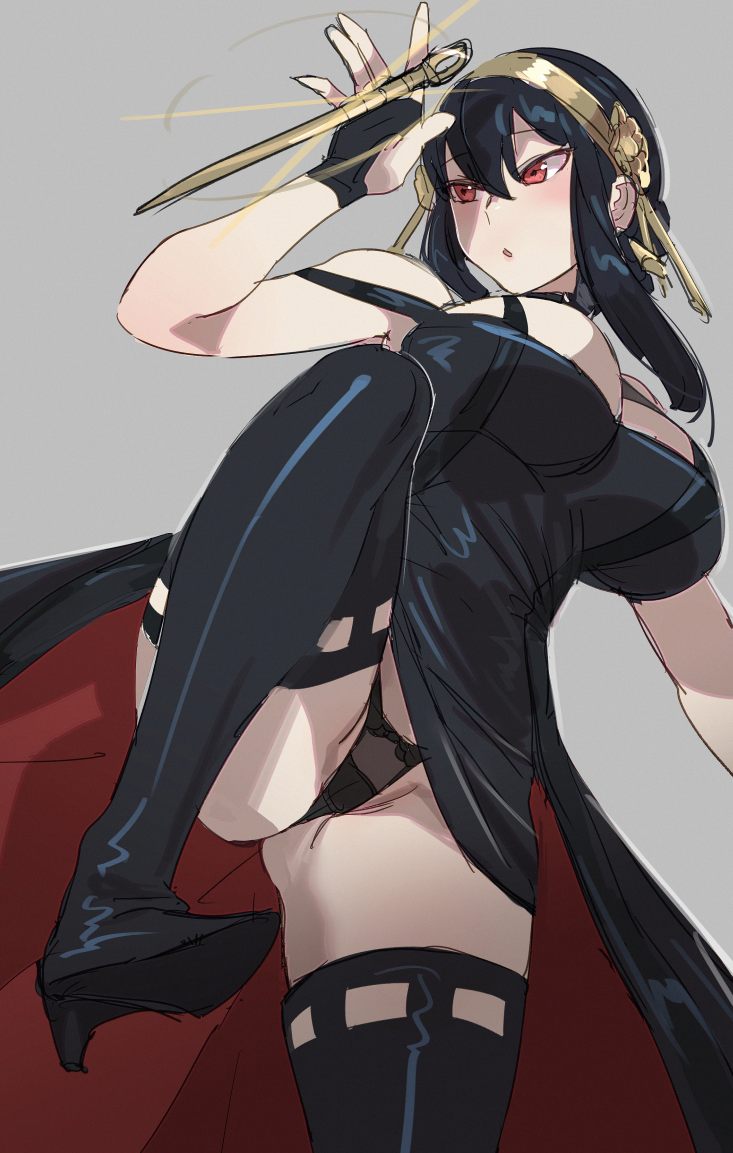 1girls assassin big_breasts black_hair blush bow999 breasts female female_focus female_only high_heel_boots panties red_eyes solo spy_x_family stiletto_(weapon) thick_thighs thorn_princess yor_briar