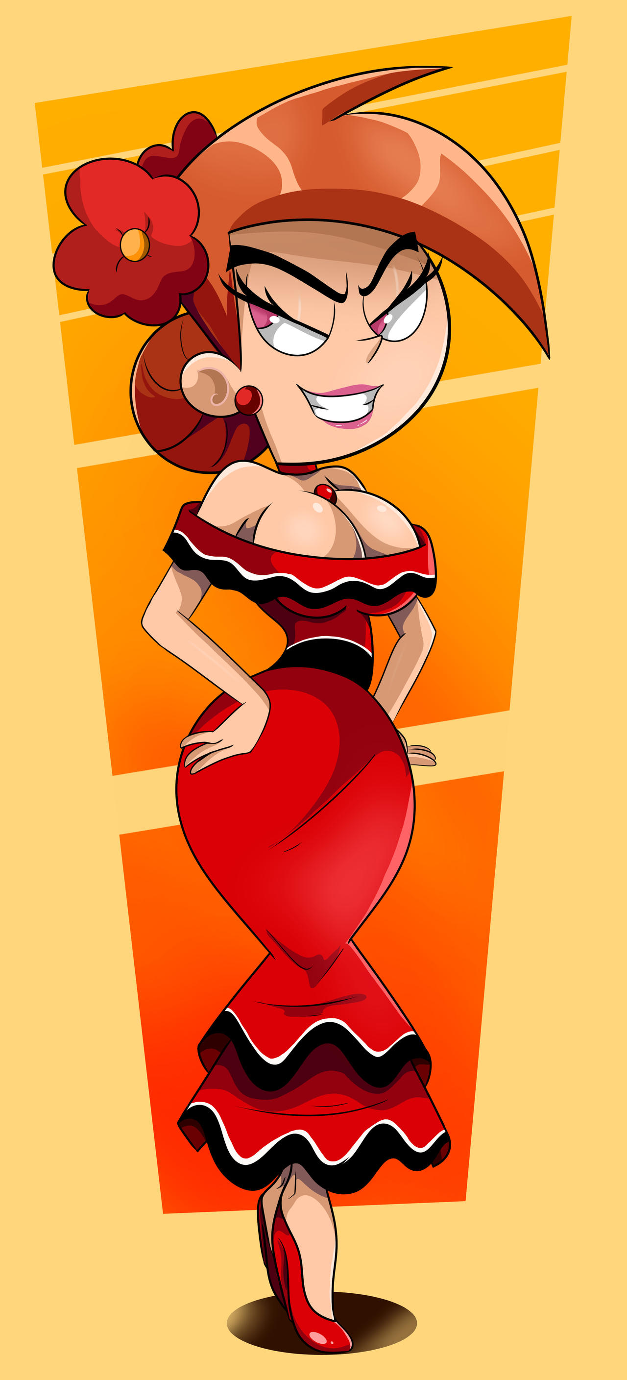 breasts, bulging breasts, cleavage, exposed shoulders, female, female focus, female only, hips, large hips, sonson-sensei, straight hair, the fairly oddparents, thick thighs, thin waist, vicky (fairly odd parents)