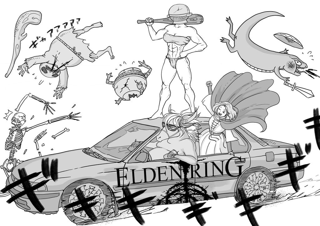 2boys 2girls abs albinauric big_ass black_and_white casual cleavage elden_ring female fromsoftware funny happy headwear human iron_fist_alexander l let_me_solo_her living_jar_(elden_ring) manserpent melina_(elden_ring) modern_au monochrome muscular_female pale_skin rule_63 tamanegi_(artist) tarnished torrent_(elden_ring)