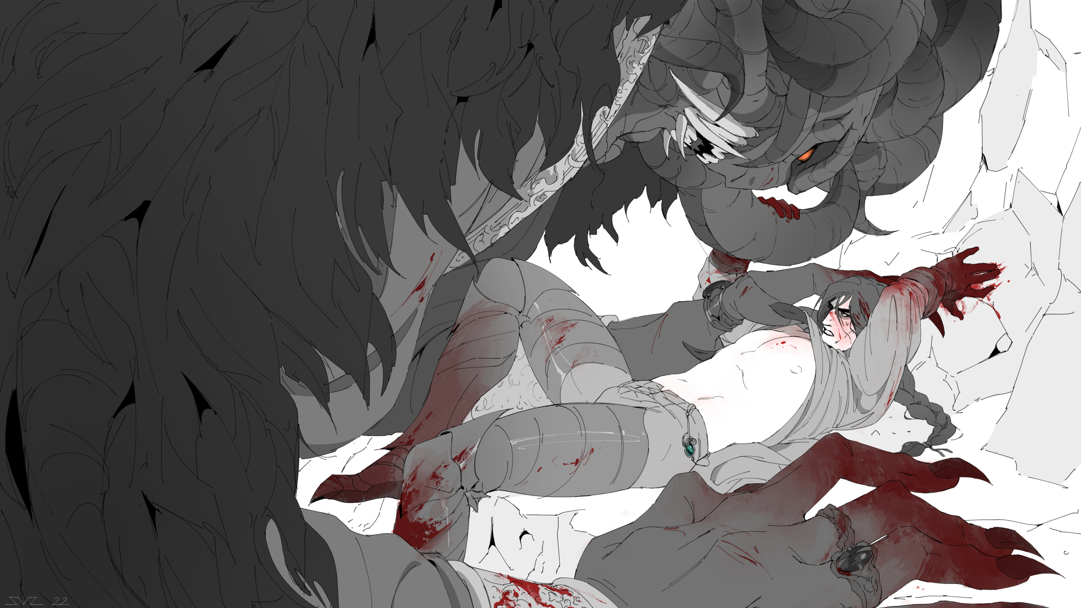 2022, 2boys, blood, defeated, defeated hero, deity, demigod, elden ring, fromsoftware, imminent rape, male, male only, mohg lord of blood, muscular, muscular male, size difference, tarnished, tendermiasma, topless, undressing, yaoi