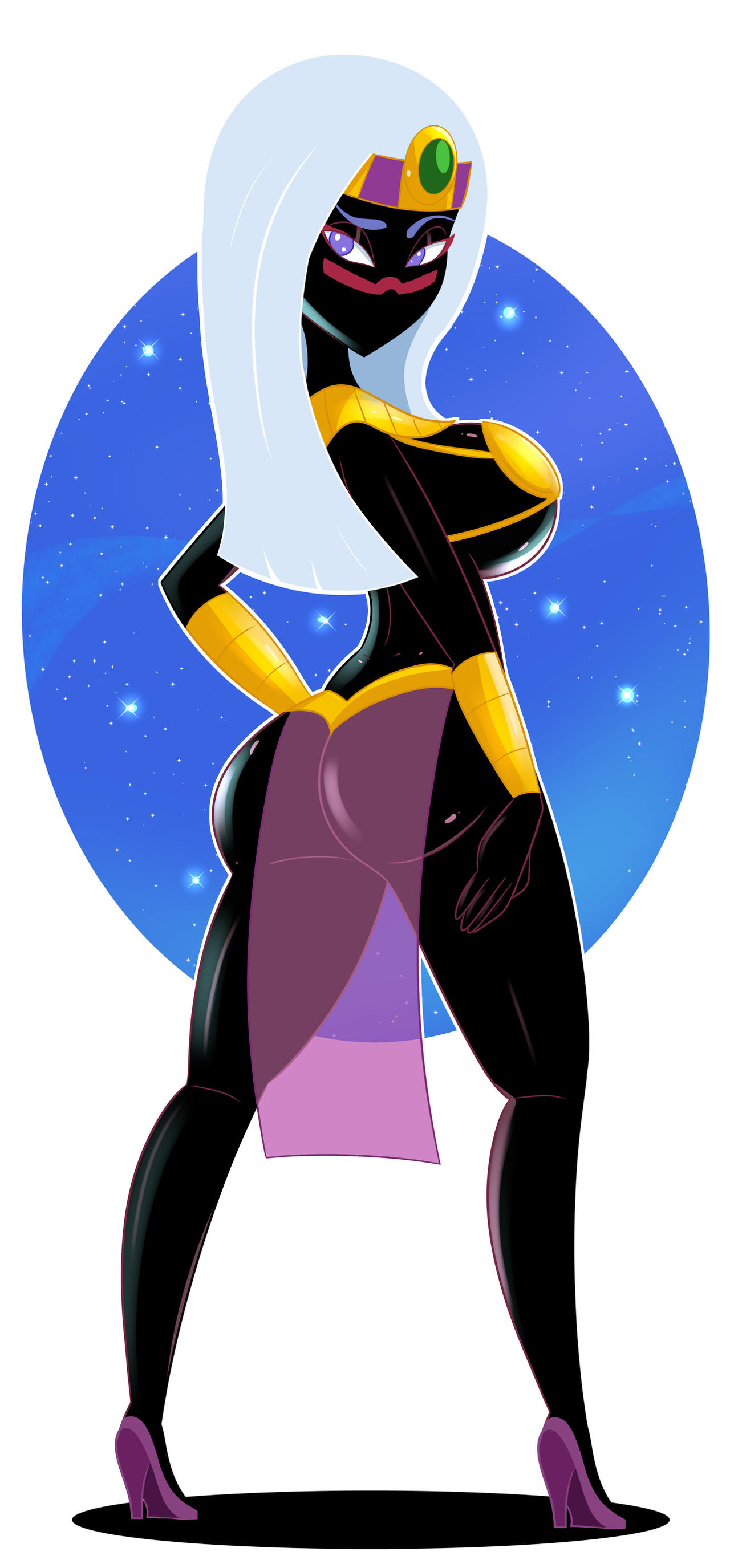 ass, big ass, big breasts, black body, breasts, cartoon network, duck dodgers, female, female only, large breasts, looking at viewer, looking back, martian, queen tyr'ahnee, see-through clothing, solo, solo female, sonson-sensei