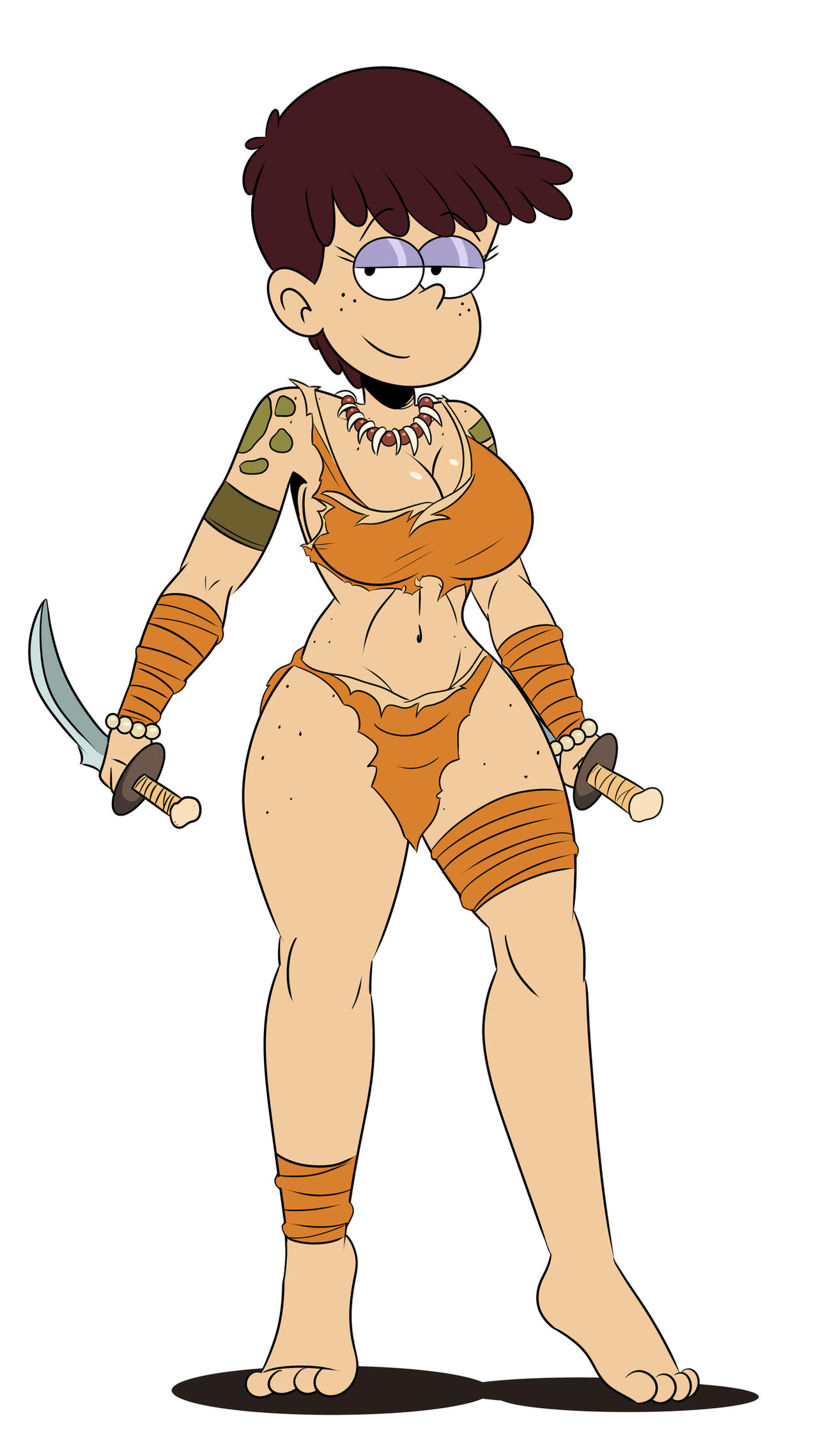 aged up, big breasts, breasts, cavewoman, cleavage, female, female only, knife, luna loud, navel, sonson-sensei, the loud house, thick thighs, torn clothes