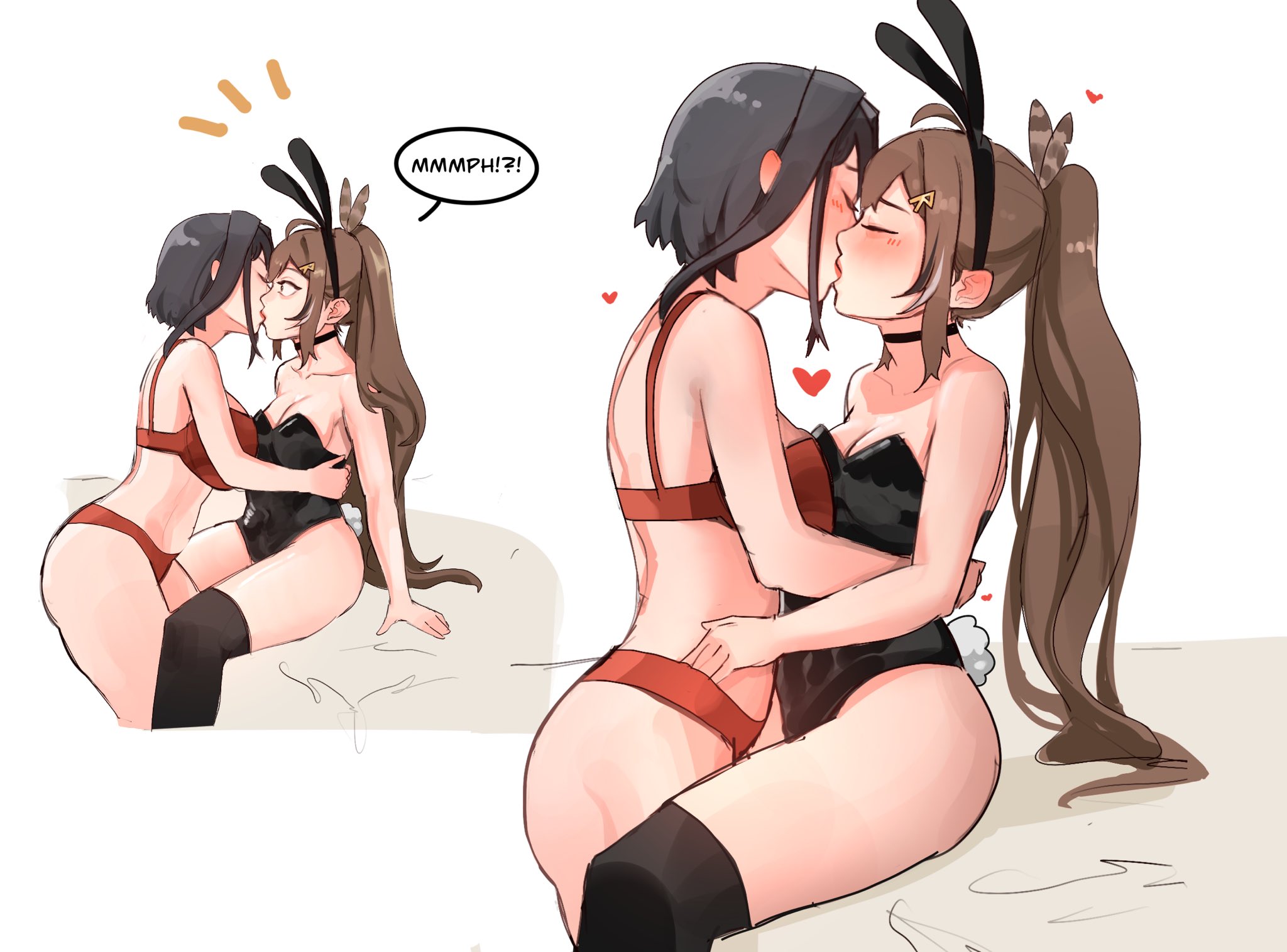 2girls, blush, bunnysuit, female, hololive, hololive english, hololive english -council-, hololive english -promise-, kissing, making out, multiple females, multiple girls, nanashi mumei, ouro kronii, surprised expression, tanukidraws, underwear, virtual youtuber, yuri