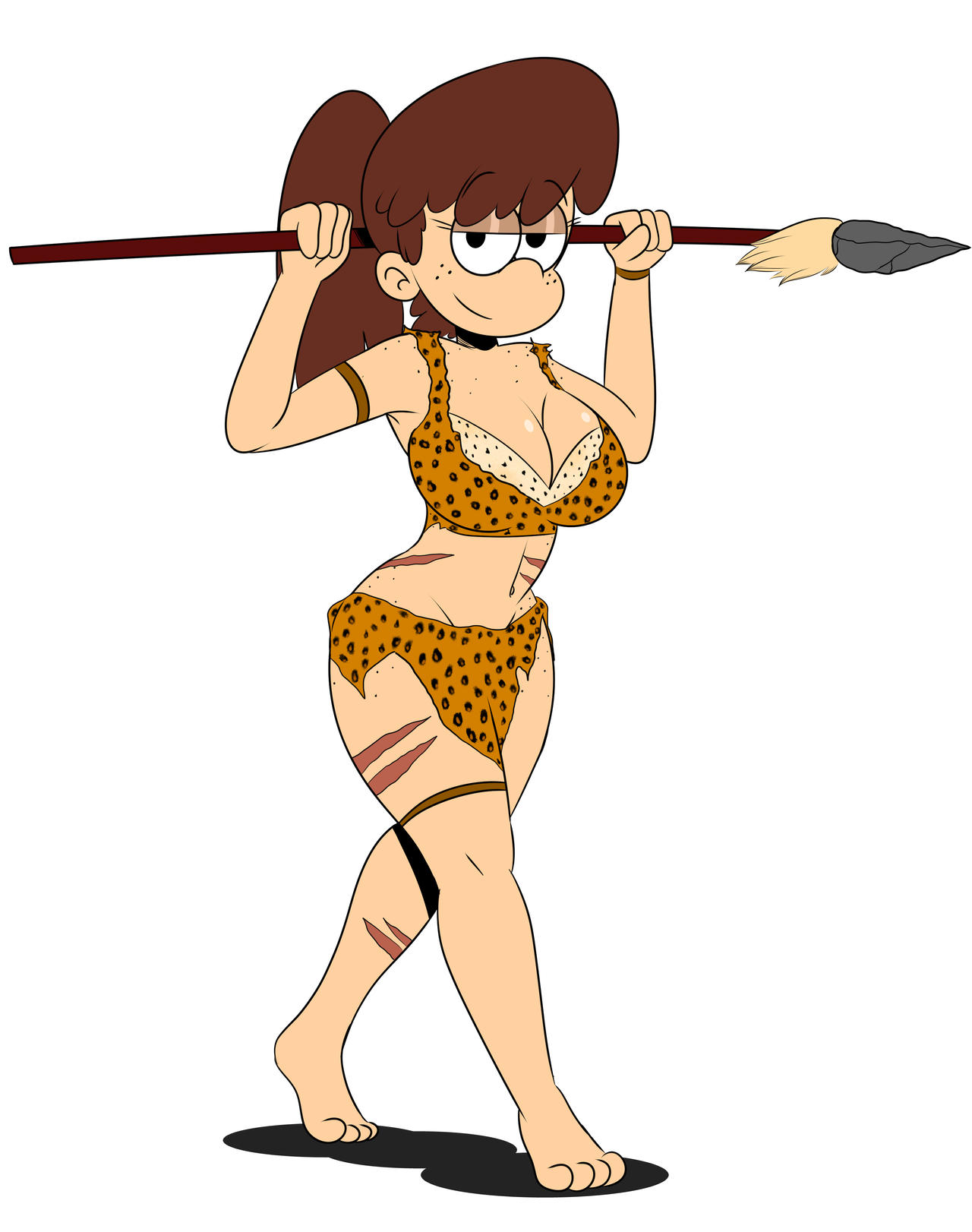 1girls, aged up, alternate breast size, big breasts, breasts, busty, cavewoman, cheetah print, cleavage, female, female only, large breasts, looking at viewer, lynn loud, navel, nickelodeon, scar, seductive, seductive smile, smile, solo, sonson-sensei, spear, the loud house, thick thighs, walking