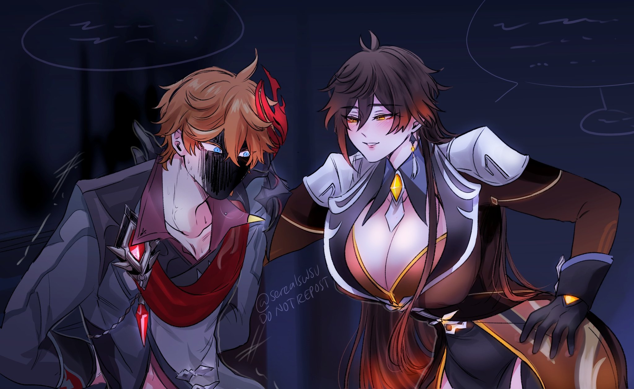 1boy, 1girls, 2022, absurd res, anger vein, angry, arms behind back, artist name, black gloves, blue eyes, breasts, brown hair, childe (genshin impact), cleavage, cleavage cutout, clothed, clothing, dialogue, dress, earrings, eyebrows visible through hair, female, femdom, genshin impact, gloves, gradient hair, hair between eyes, hand on hip, highres, huge breasts, jacket, jewelry, leaning forward, long hair, looking at another, looking at breasts, male, malesub, mask, mask on head, mature female, multicolored hair, orange hair, restrained, rule 63, seductive, serealswsu, shaded face, short hair, signature, sitting, speech bubble, standing, sweat, sweating, tartaglia (genshin impact), twitter username, two-tone hair, vein, very long hair, yellow eyes, zhongli (genshin impact), zhongli jiejie