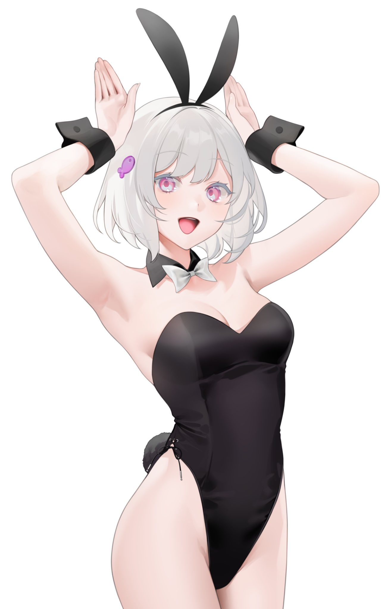 1girls, bunny ears, bunny tail, bunnysuit, cleavage, detached collar, eyebrows visible through hair, fake animal ears, female, female only, fish hair ornament, leotard, looking at viewer, nacchan (ohisashiburi), ohisashiburi, open mouth, pink eyes, short hair, smile, smiling, smiling at viewer, sole female, tie, white background, white hair, wrist cuffs