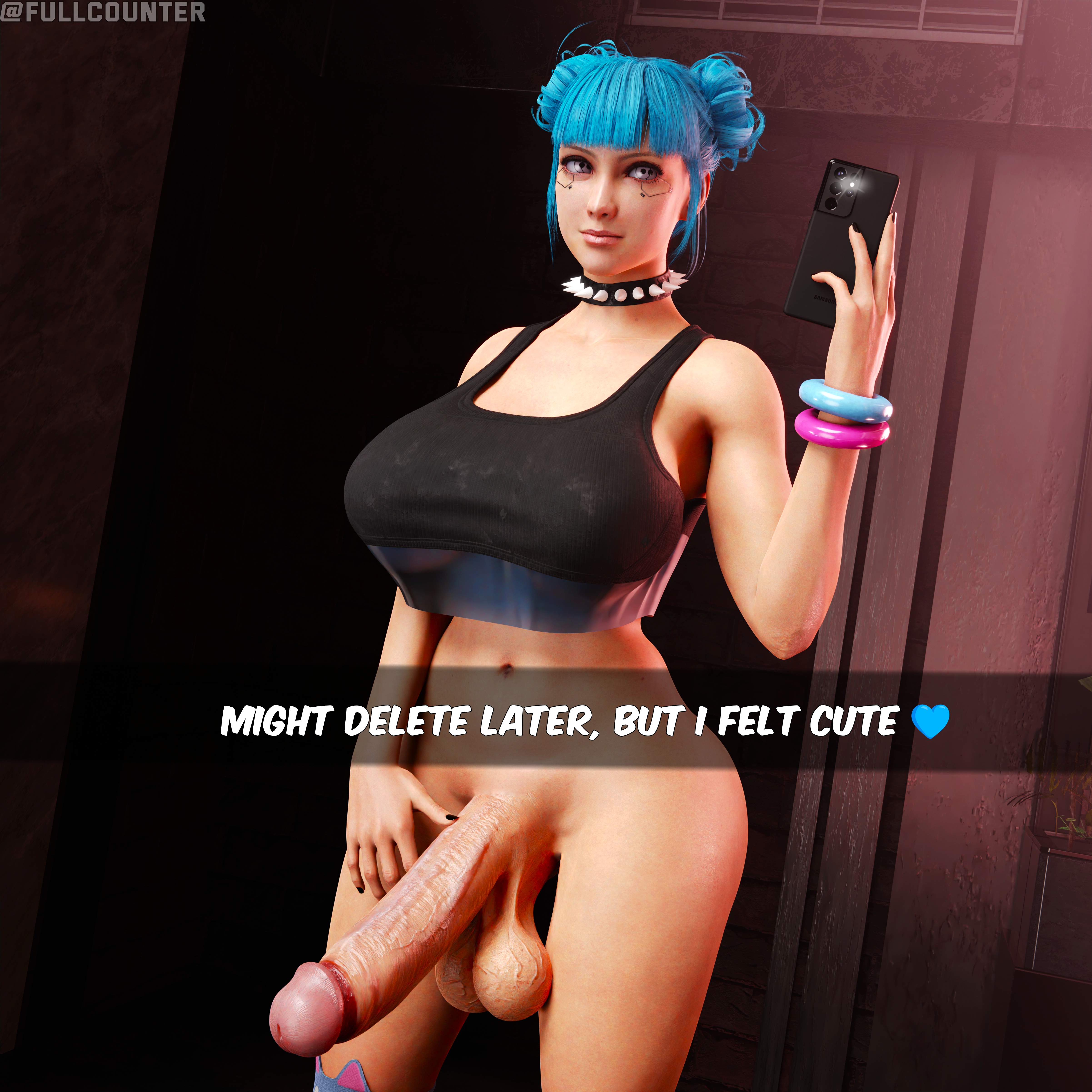 1futa, 3d, 3d (artwork), balls, blender, blender (software), blue hair, blue moon (cyberpunk 2077), bracelets, choker, cyberpunk 2077, dick, futa only, futanari, half naked, half nude, half-dressed, intersex, light skin, light-skinned futa, penis, penis out, self upload, selfie, solo, solo futa, spiked collar, tagme, tank top, tanktop, testicles, veiny, veiny penis, video game character, video games, voluptuous, voluptuous futa, wet cheetos