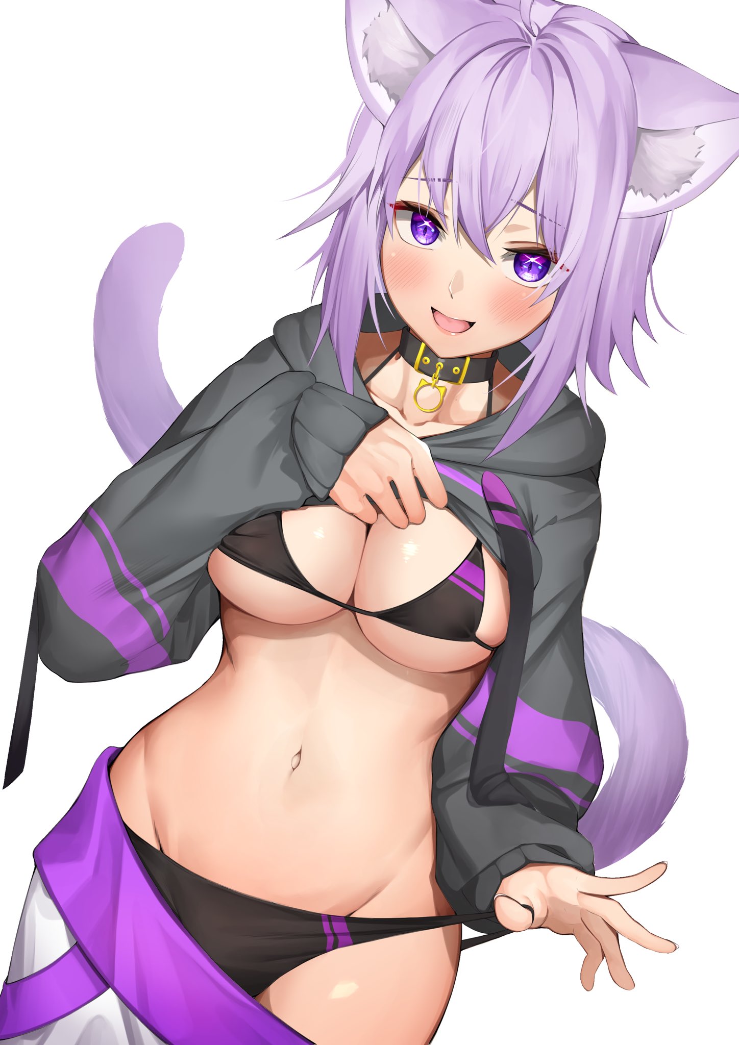 1girls, artist request, female, hololive, hololive gamers, hololive japan, hoodie lift, nekomata okayu, pants down, pulling panties, source request, underwear, virtual youtuber