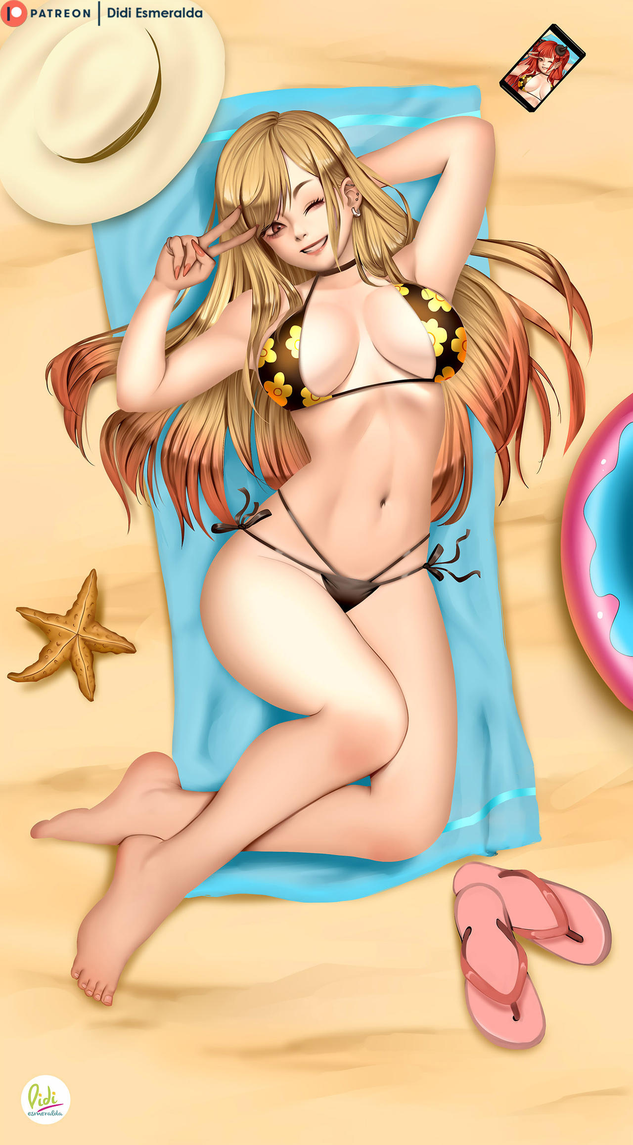 1girls, beach, blonde hair, brown eyes, didi esmeralda, feet, female, female only, gyaru, kitagawa marin, long hair, lying on back, peace sign, sandals, sono bisque doll wa koi wo suru, starfish, v, wink