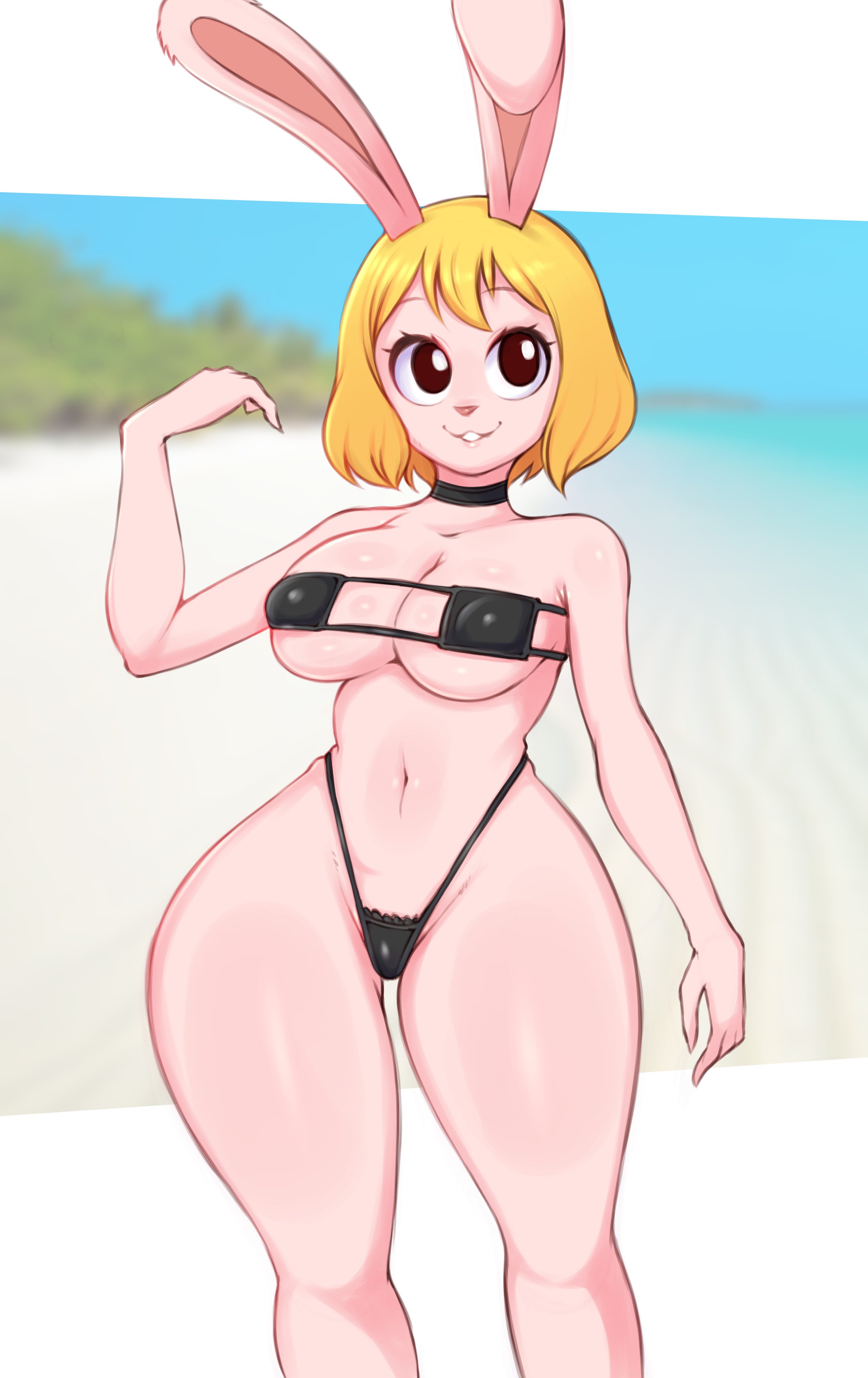 1girls, 2022, absurd res, athletic, athletic female, big eyes, bikini, bikini bottom, bikini top, black bikini, blonde hair, breasts, brown eyes, bunny ears, bunny girl, carrot (one piece), choker, eyepatch bikini, female, female only, hips, large breasts, one piece, revealing clothes, saltyxodium, short hair, slim waist, thick thighs, thighs, white body, wide hips
