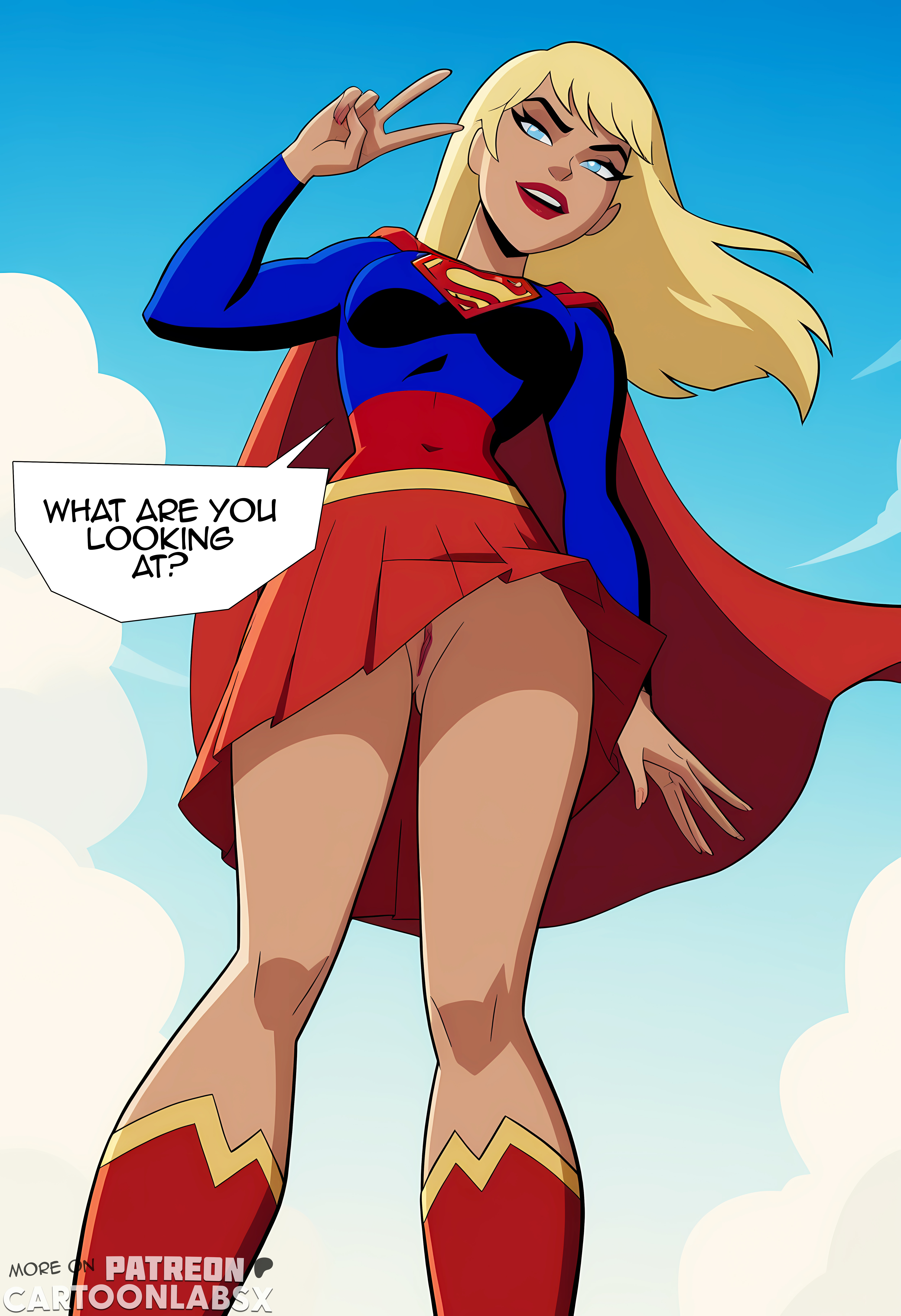 ai generated, cartoon, cartoonlabsx, cartoony, dc, dc comics, female, going commando, looking at viewer, low-angle view, no panties, panties aside, panties down, public, public exposure, public nudity, revealing, revealing clothes, supergirl, superhero, superhero costume, superheroine, superman (series), teasing, teasing viewer, text, text bubble, upskirt