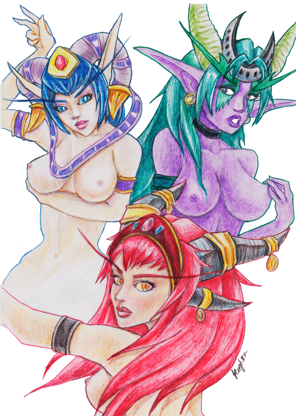 3girls alexstrasza blizzard_entertainment blue_hair green_hair light-skinned_female light_skin multiple_girls purple_skin red_hair roghka tarecgosa warcraft world_of_warcraft ysera