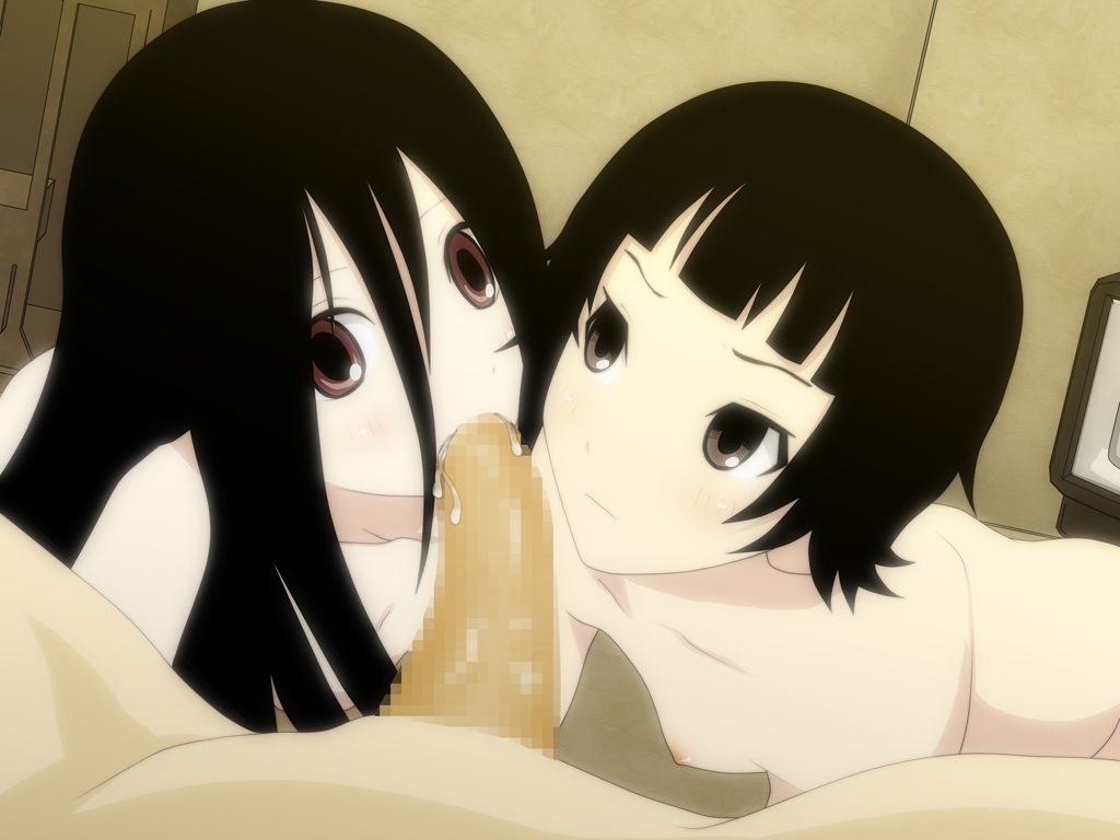 1boy 2girls artist_request black_eyes black_hair blush brown_eyes censored collaborative_fellatio cum cum_in_mouth fellatio flat_chest hair komori_kiri mosaic_censoring multiple_girls oral penis sayonara_zetsubou_sensei short_hair teamwork tsunetsuki_matoi