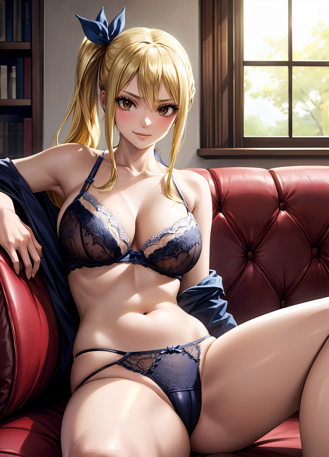 1girls, 2d, ai generated, athletic, athletic female, bare shoulders, belly, big breasts, blonde hair, breasts, breasts bigger than head, brown eyes, chest, curvy, curvy figure, cute, cute face, detailed, eyelashes, eyeshadow, fairy tail, female, female only, fit, fit female, focus, high quality, huge breasts, indoors, large breasts, legs, light skin, light-skinned female, lingerie, lips, lipstick, looking at viewer, lucy heartfilia, makeup, mascara, mature, midriff, naked, navel, pale skin, pale-skinned female, posing, seductive, seductive look, sitting, spread legs, stable diffusion, tagme, thighs, yellow hair