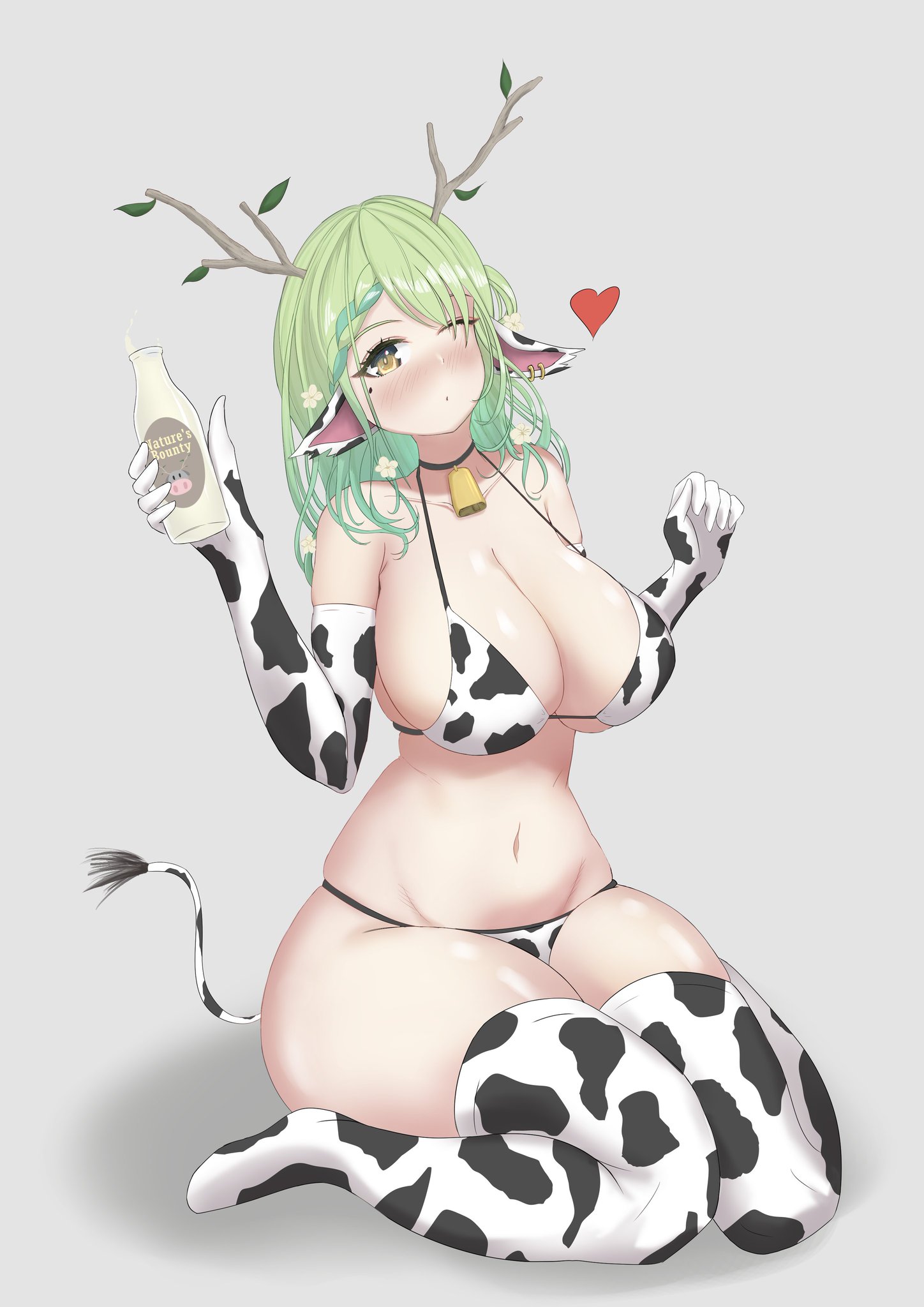 artist request, beauty mark, bell collar, bikini, bikini top, blush, breasts, ceres fauna, choker, cow ears, cow print, cow tail, cowbell, cowkini, female, grey background, heart, hololive, hololive english, hololive english -council-, hololive english -promise-, horns, large breasts, long gloves, looking at viewer, milk, milk bottle, pov, thighhighs, virtual youtuber, wink, winking at viewer