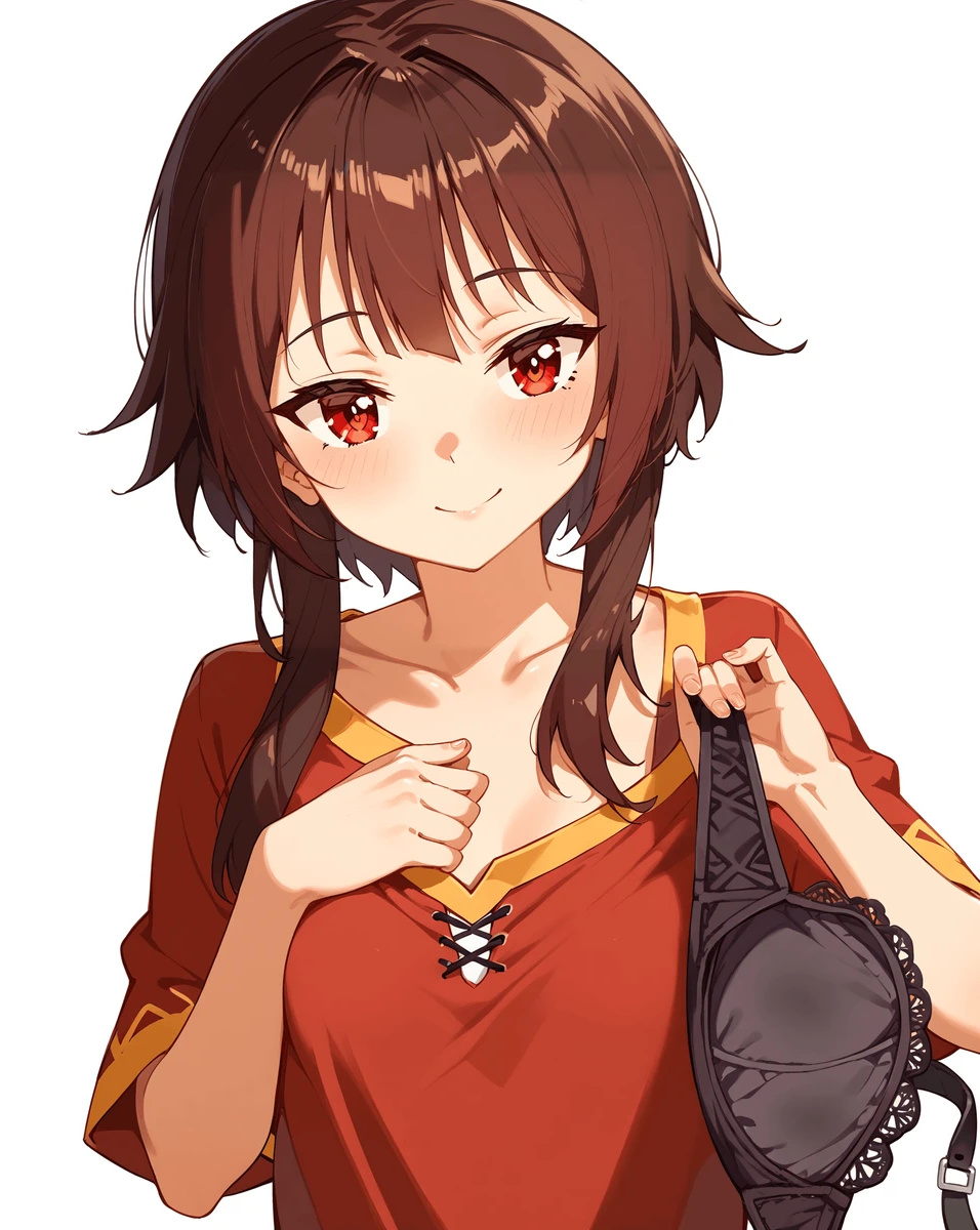 1girls ai_generated black_hair blush bra female female_only holding_bra kono_subarashii_sekai_ni_shukufuku_wo! light-skinned_female light_skin looking_at_viewer megumin red_eyes short_hair small_breasts smiling solo solo_female