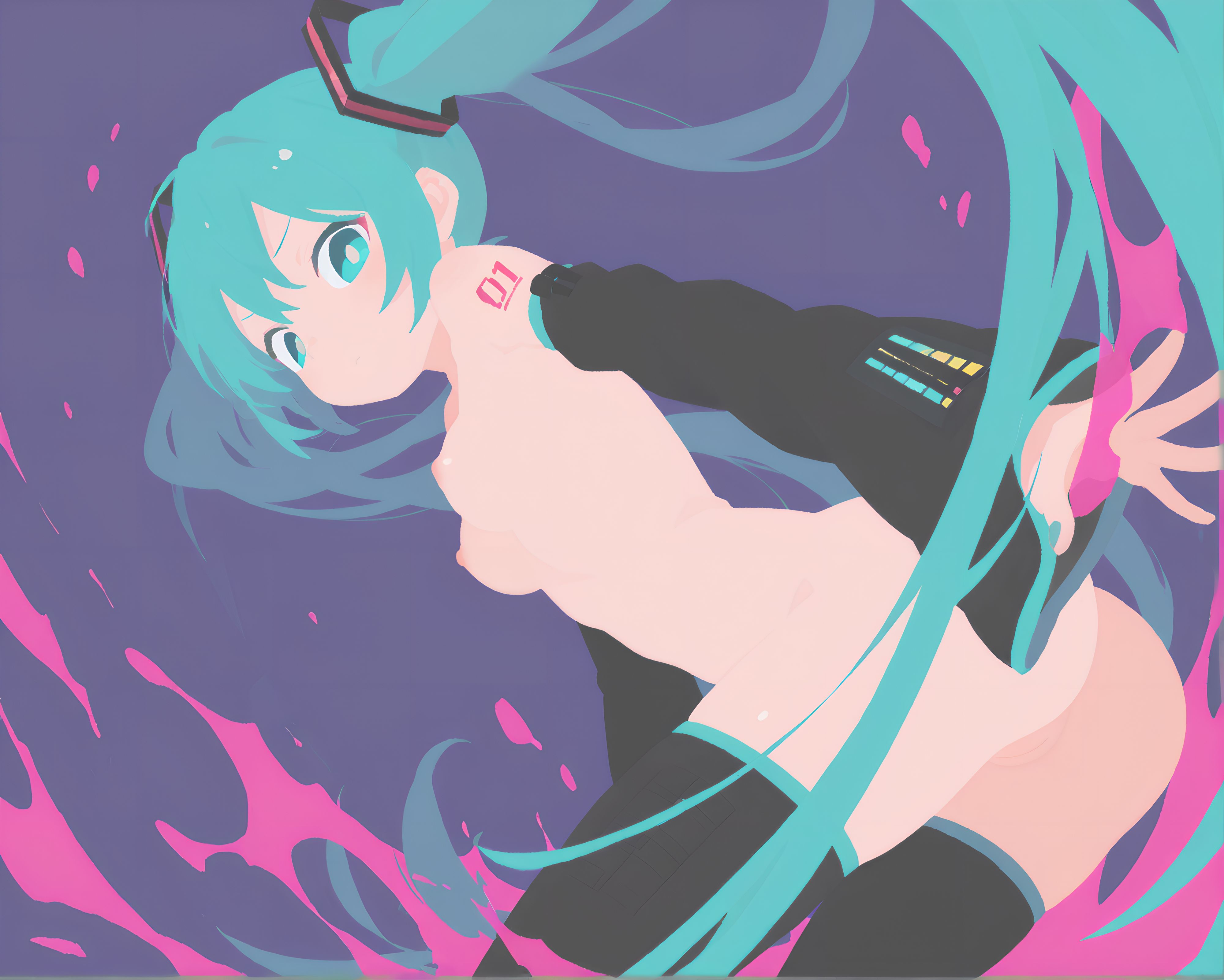 1girl, 1girls, 2d, ai generated, aqua eyes, aqua hair, ass, black thighhighs, blue eyes, blue hair, breasts, detached sleeves, female, hatsune miku, long hair, looking at viewer, medium breasts, naked, nipples, nude, solo, stockings, tattoo, thighhighs, twintails, very long hair, vocaloid