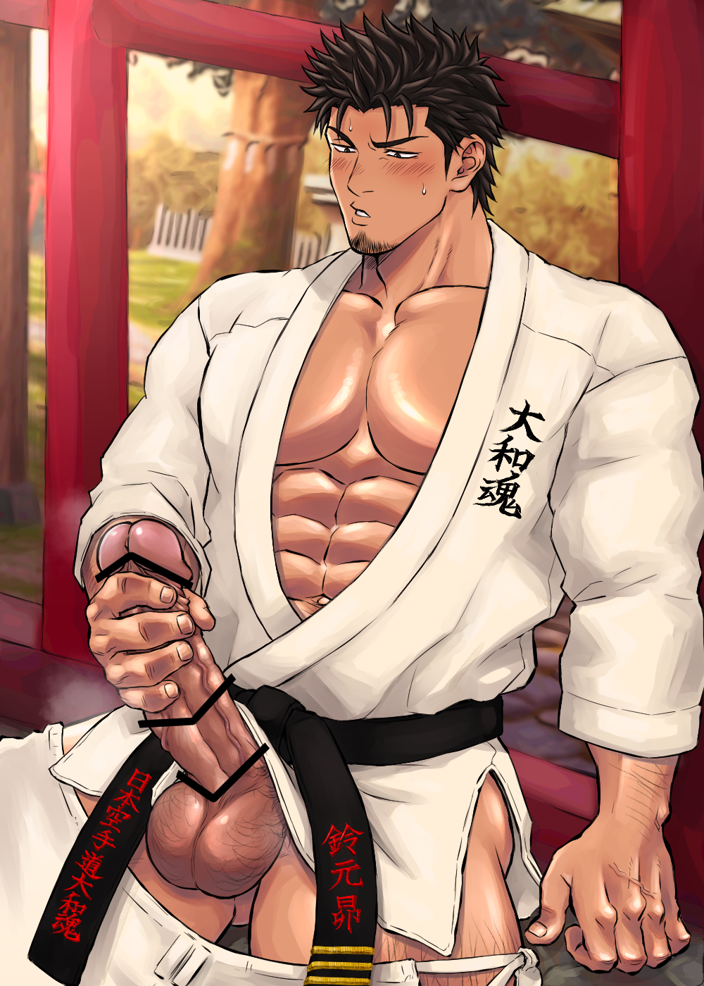 1boy abs arm_hair balls bara beard_stubble big_balls big_breasts big_penis black_belt blush brown_hair censor_bar censored censored_penis chunchunmen clothed clothing gay hairy_balls half-closed_eyes hi_res holding_penis jerking karate karate_gi leg_hair long_penis looking_at_penis male male_only masturbation muscles muscular muscular_legs muscular_male muscular_thighs original original_character outdoors pants_down pecs short_hair sitting six_pack solo steam steaming_body sweat sweatdrop text thick_penis vein veiny_hands veiny_penis