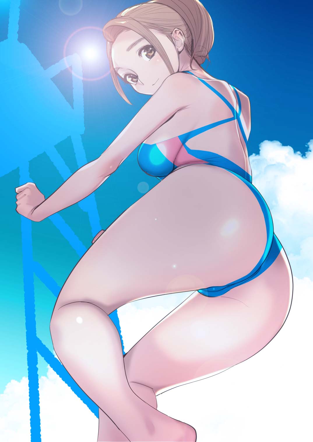 1girls ass blue_one-piece_swimsuit blue_swimsuit breasts brown_eyes brown_hair climbing_ladder clouds competition_swimsuit diving_board dytm hair_bun highleg highleg_swimsuit ladder large_breasts looking_at_viewer one_piece_swimsuit original outside pool_monitor_part-timer_(dytm) sky swimsuit